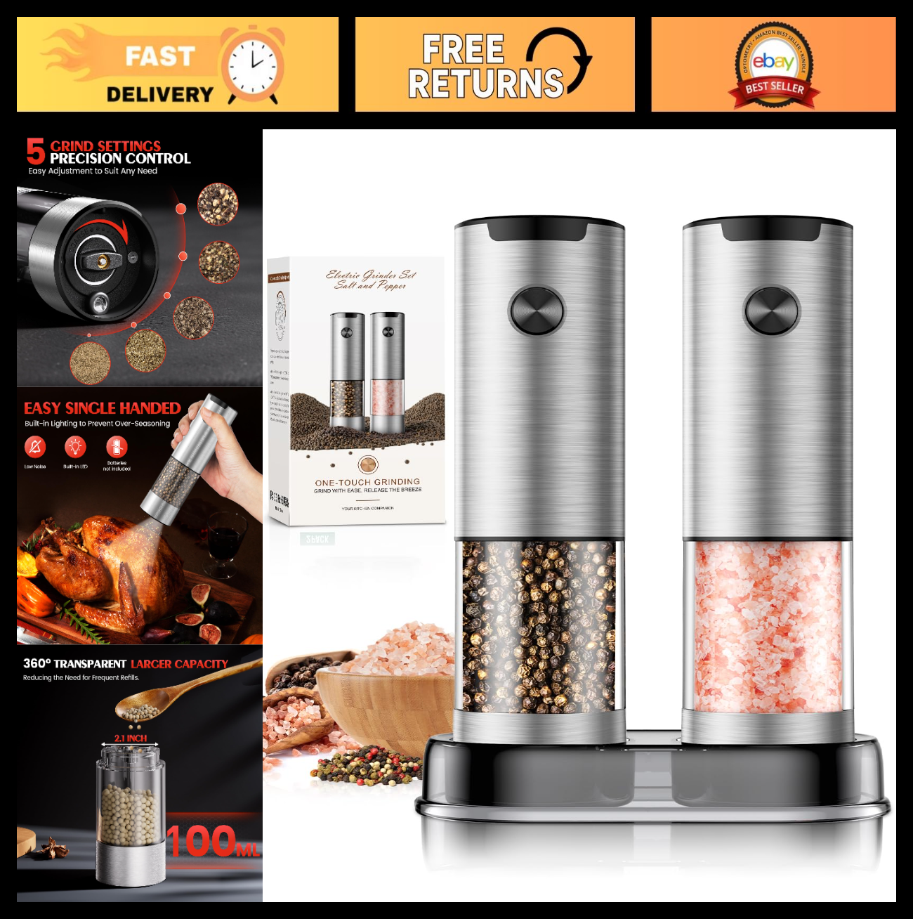 Automatic Electric Salt & Pepper Grinder Set   Adjustable Coarseness, LED Light,0