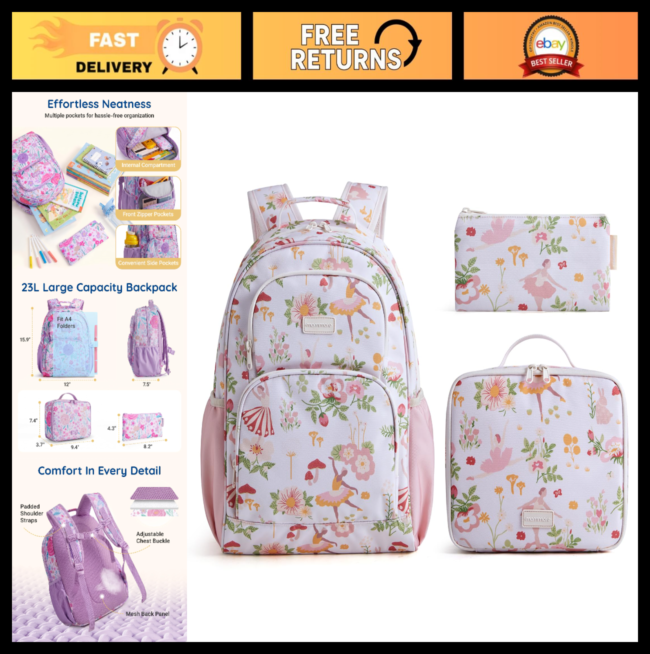 Kids Backpack Set 3PCS for School, Large Capacity 23L, Lightweight, Water-Resist0