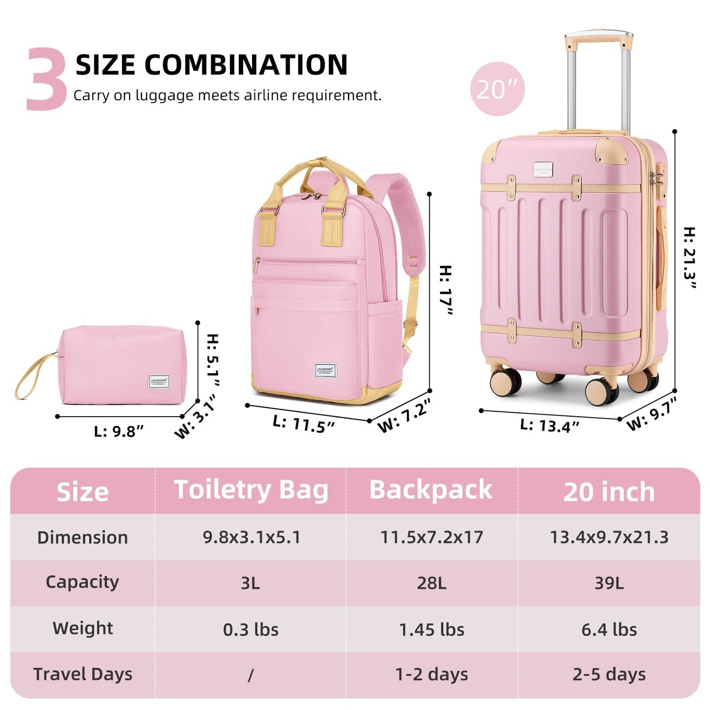 3-Piece Expandable Carry-On Luggage Set, Pink | Airline Approved, 360° Spinner W4