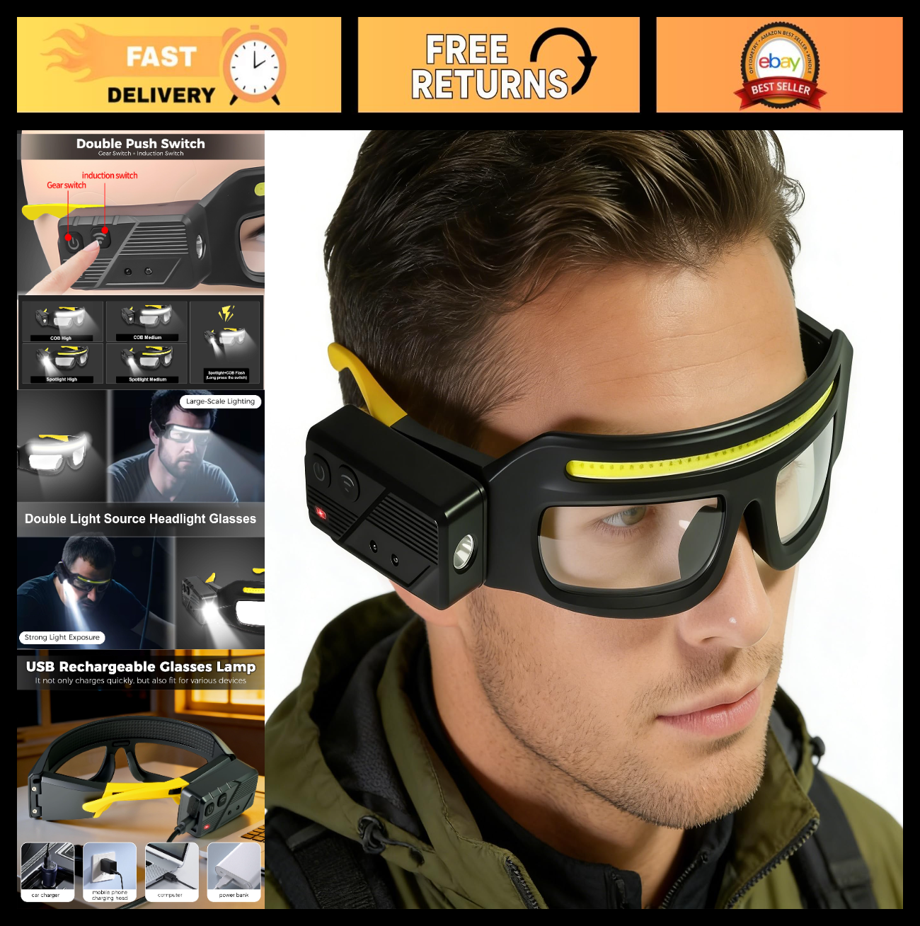 Adjustable Motion Sensor Headlamp Glasses   Rechargeable Safety Light for Campin0