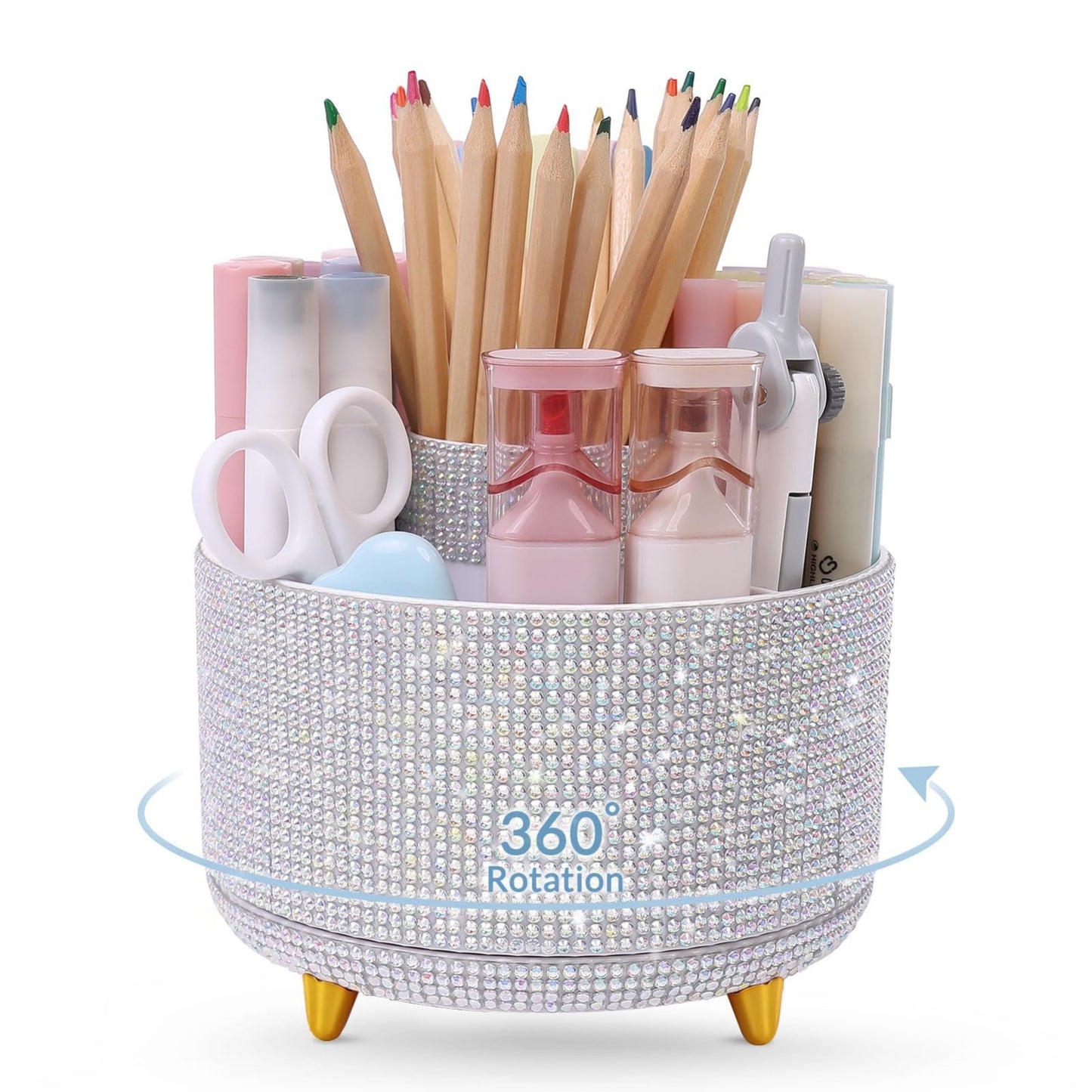 360° Rotating Desk Organizer   Rhinestone Pencil Pen Holder with 5 Slots for Off1