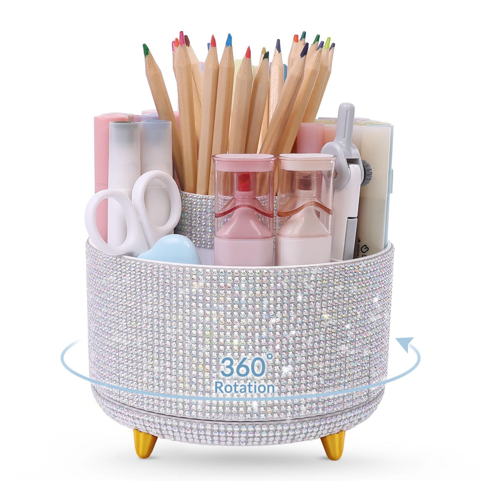 360° Rotating Desk Organizer   Rhinestone Pencil Pen Holder with 5 Slots for Off1