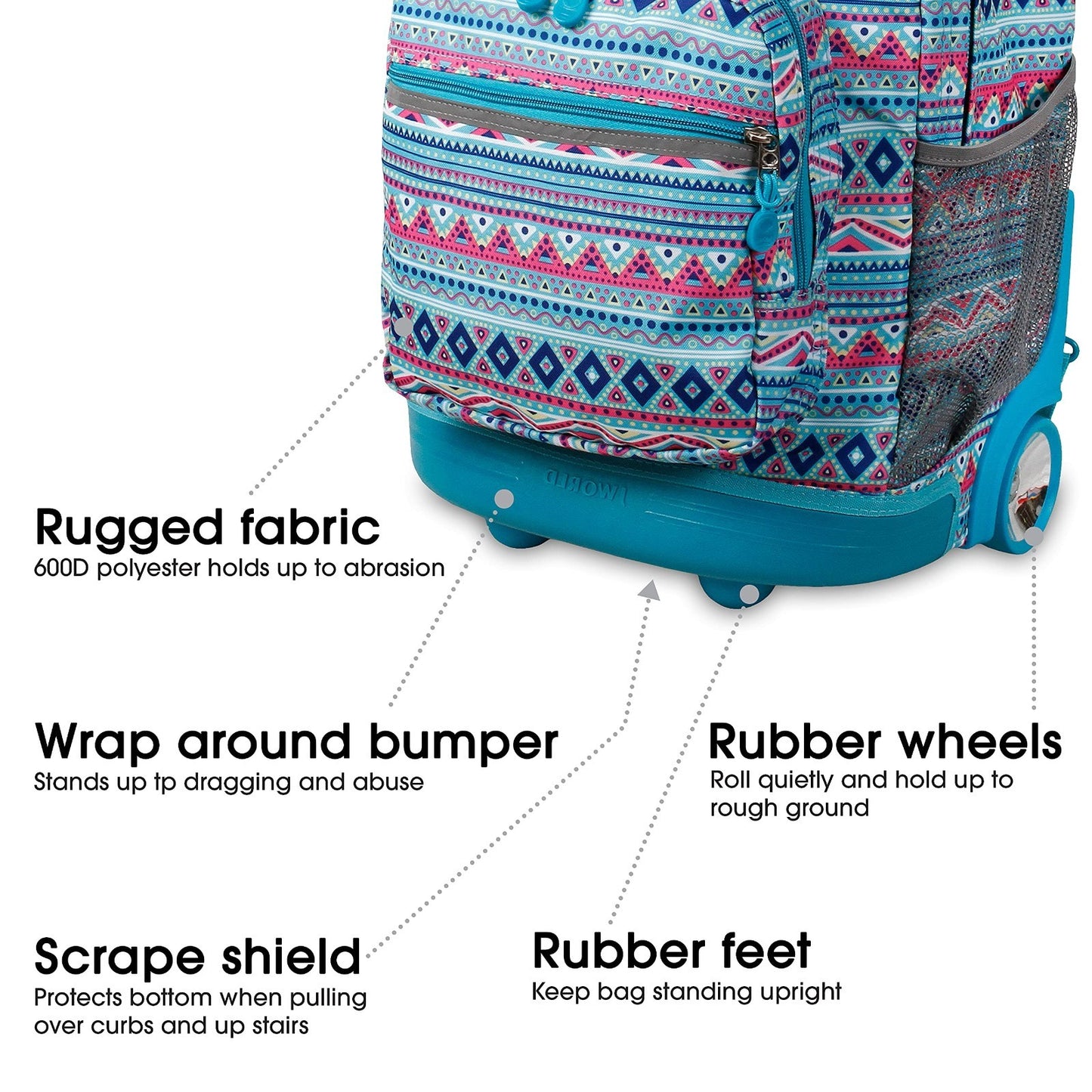 Rolling Backpack with Wheels, Mint Tribal Design, Lightweight & Durable Travel B3