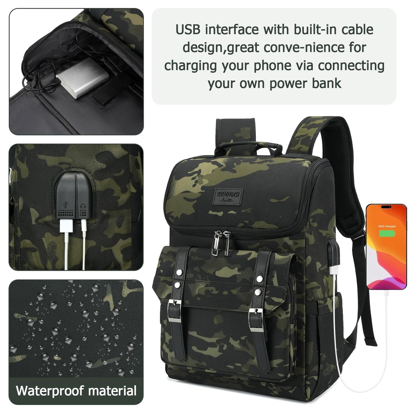 Vintage Camouflage Laptop Backpack with USB Charging Port - Travel College Bag f2
