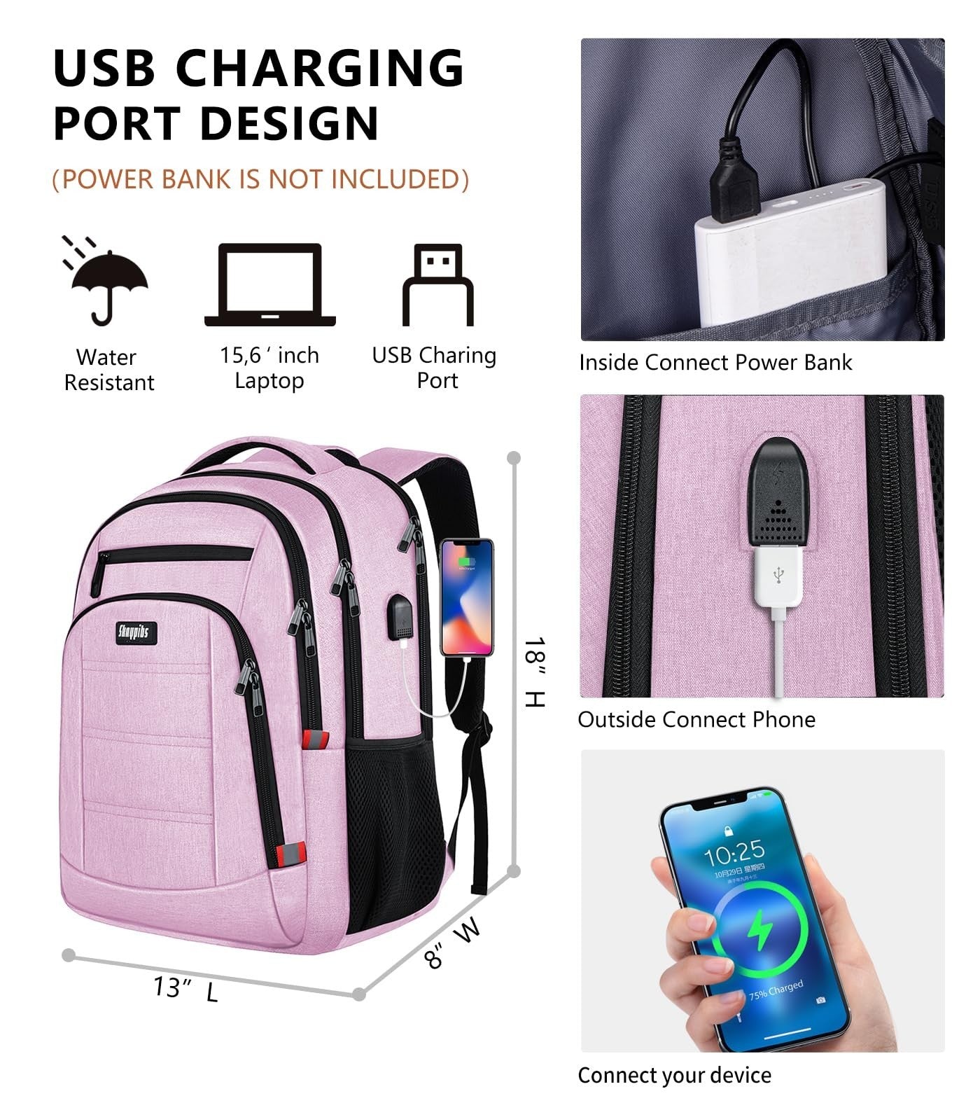 Pink Backpack for Women, USB Charging School Bag for Girls, Fits 15.6" Laptop2