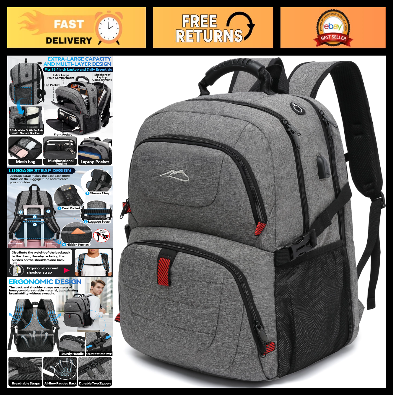 Extra Large Anti Theft Travel Backpack for 18.4" Laptop, USB Charging Port, Coll0