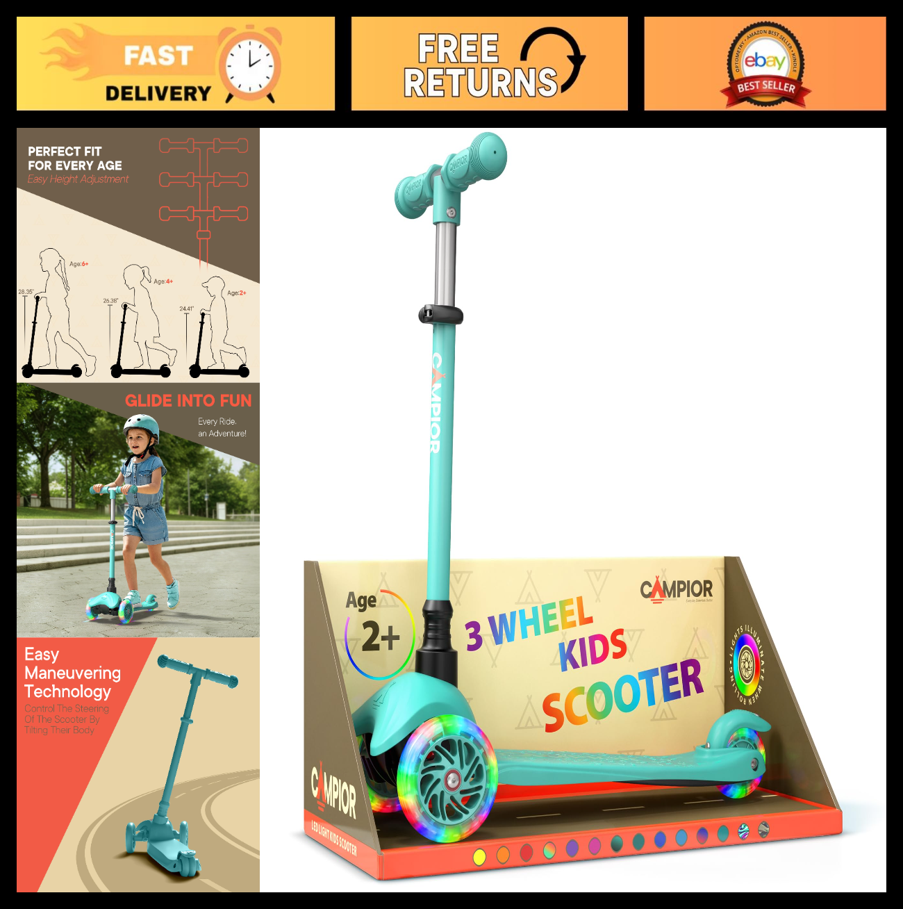 Teal Mini 3-Wheel Kids Scooter - Lean-to-Steer, LED Wheels, Adjustable Handlebar0