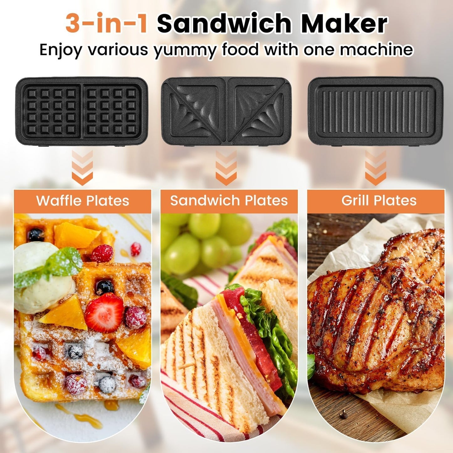 1200W Waffle Maker & Panini Grill - 3-in-1 Sandwich Maker with Non-Stick Plates3