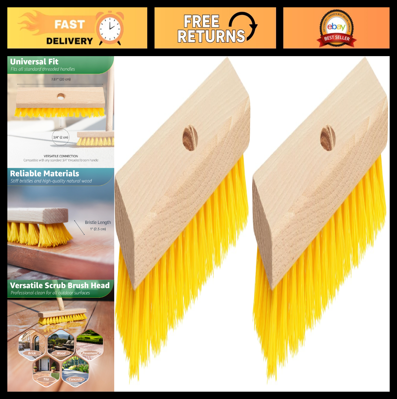 Heavy Duty Deck Scrub Brush Head 7.87" - Durable Nylon Bristles for Concrete & W0