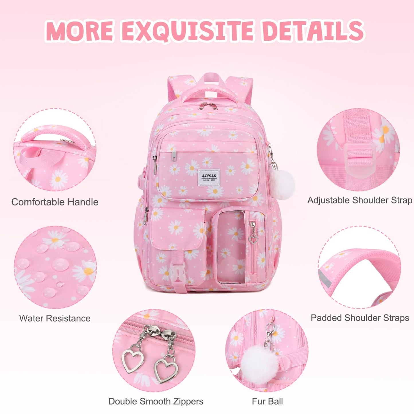 Stylish Girls Backpack with Lunch Bag & Pencil Pouch   Teen Laptop Bookbag, Pink4