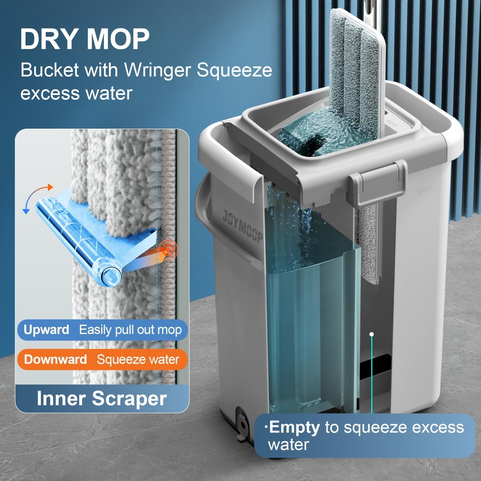 Mop and Bucket Set for Floor & Wall Cleaning, Flat Mop System 60" + 3 Pads, Home4