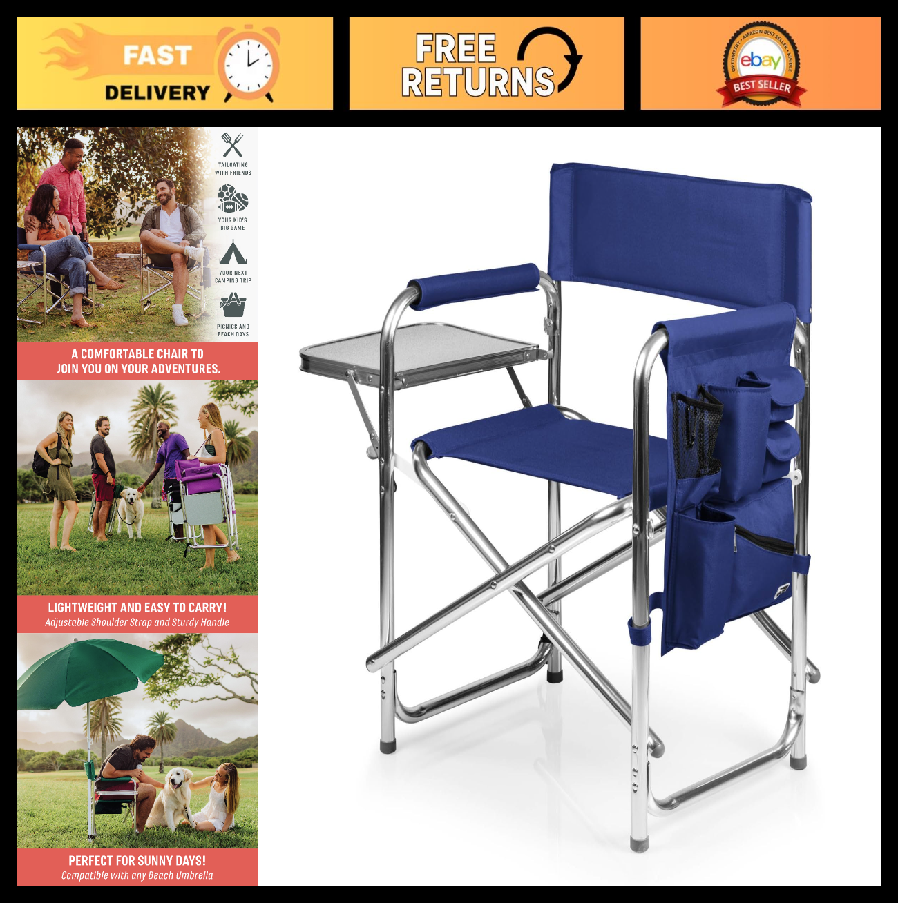Lightweight Folding Camping Chair with Side Table & Armrest Caddy, Portable Lawn0
