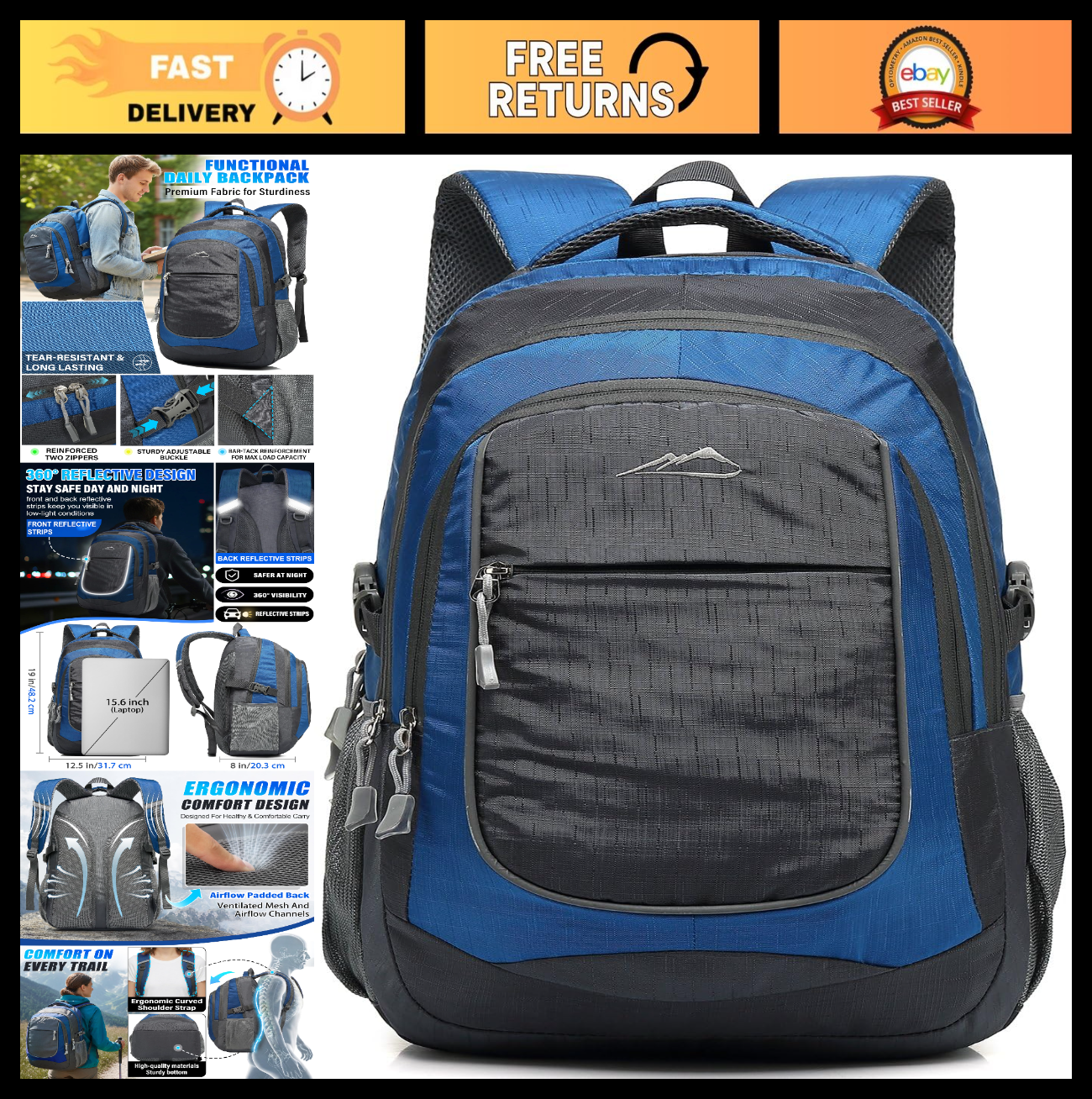 Sturdy Multi Compartment Backpack for College, Travel, Hiking   Fits 15.6" Lapto0