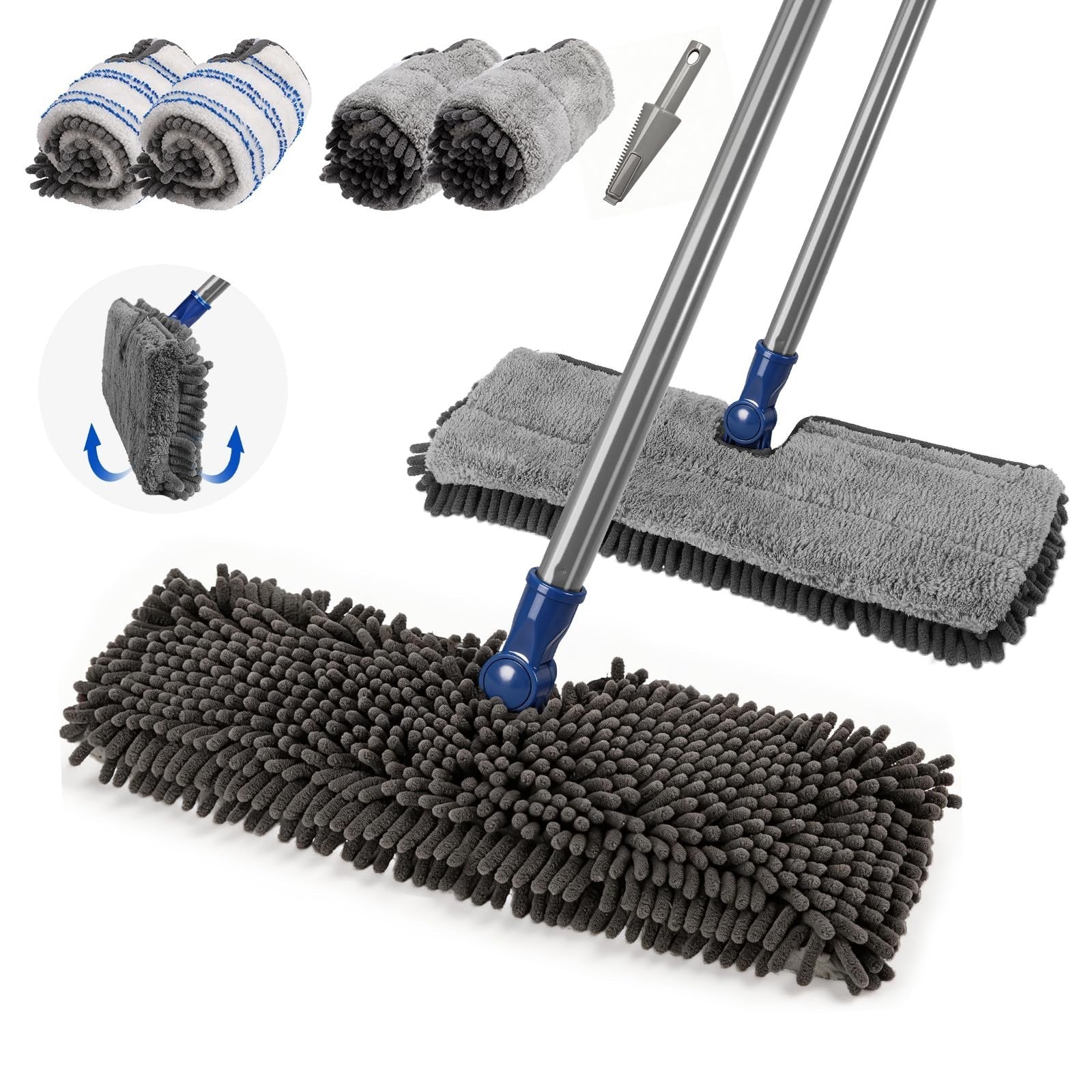 16" Microfiber Flat Mop with 4 Reusable Pads & Hair Scraper, 360° Swivel Wet Dry1