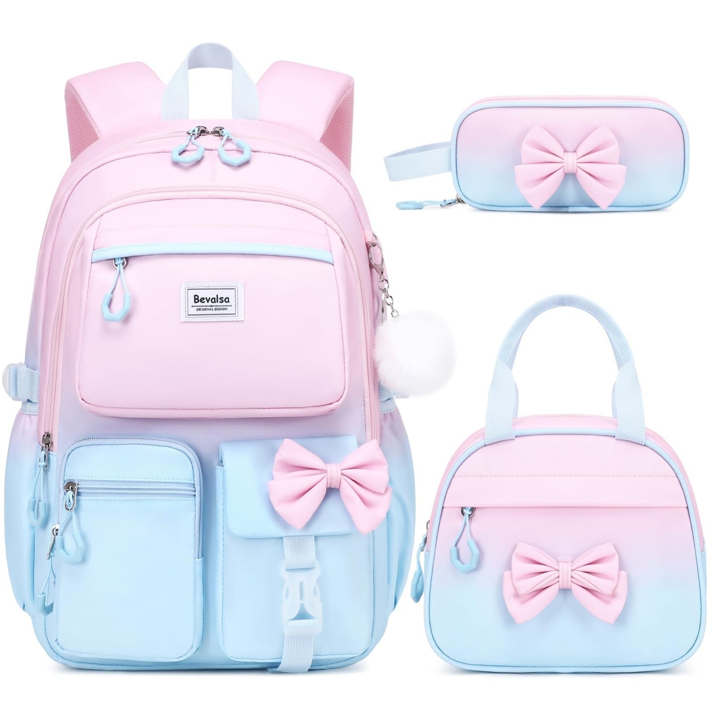 Cute Bow Backpack for Girls   School Bag with Lunch Bag & Pen Case, Stylish & Fu1