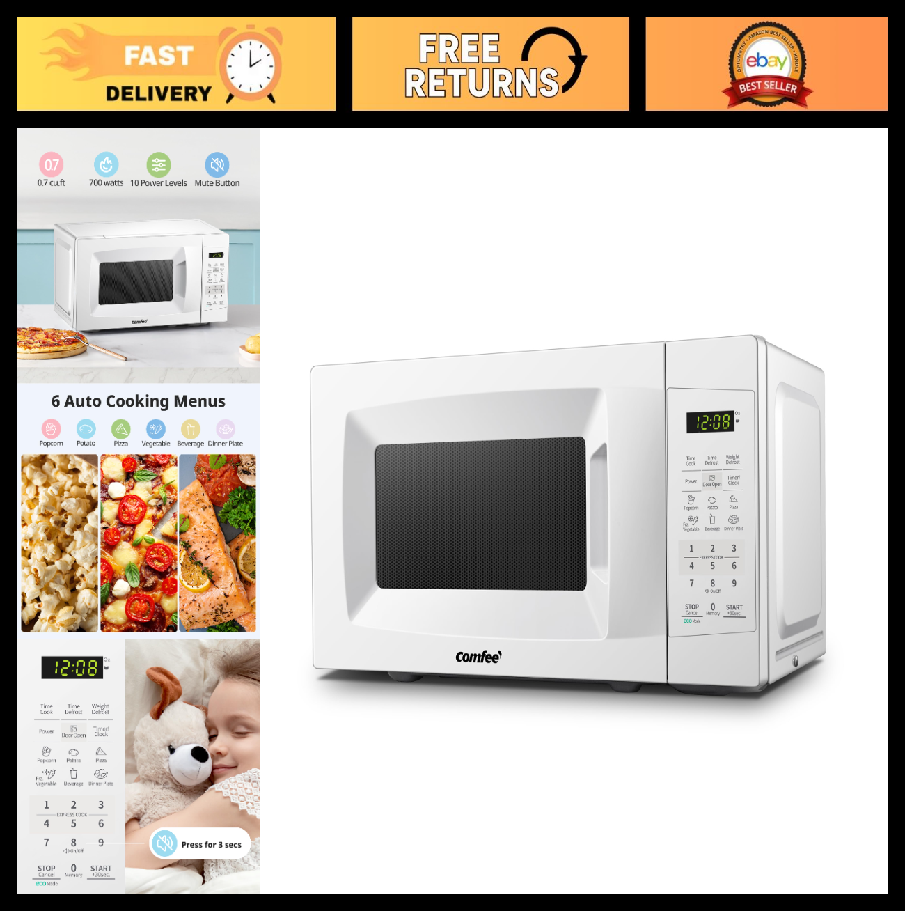 Compact Countertop Microwave Oven 0.7 Cu.Ft 700W Pearl White, ECO Mode, Child Lo0