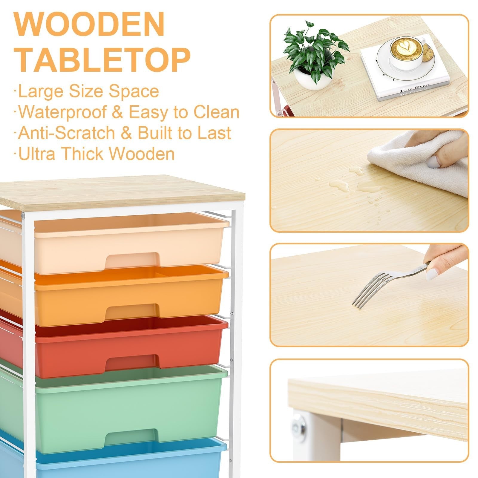 5 Drawer Utility Cart with Wooden Top, Lockable Wheels, Rolling Craft Organizer3