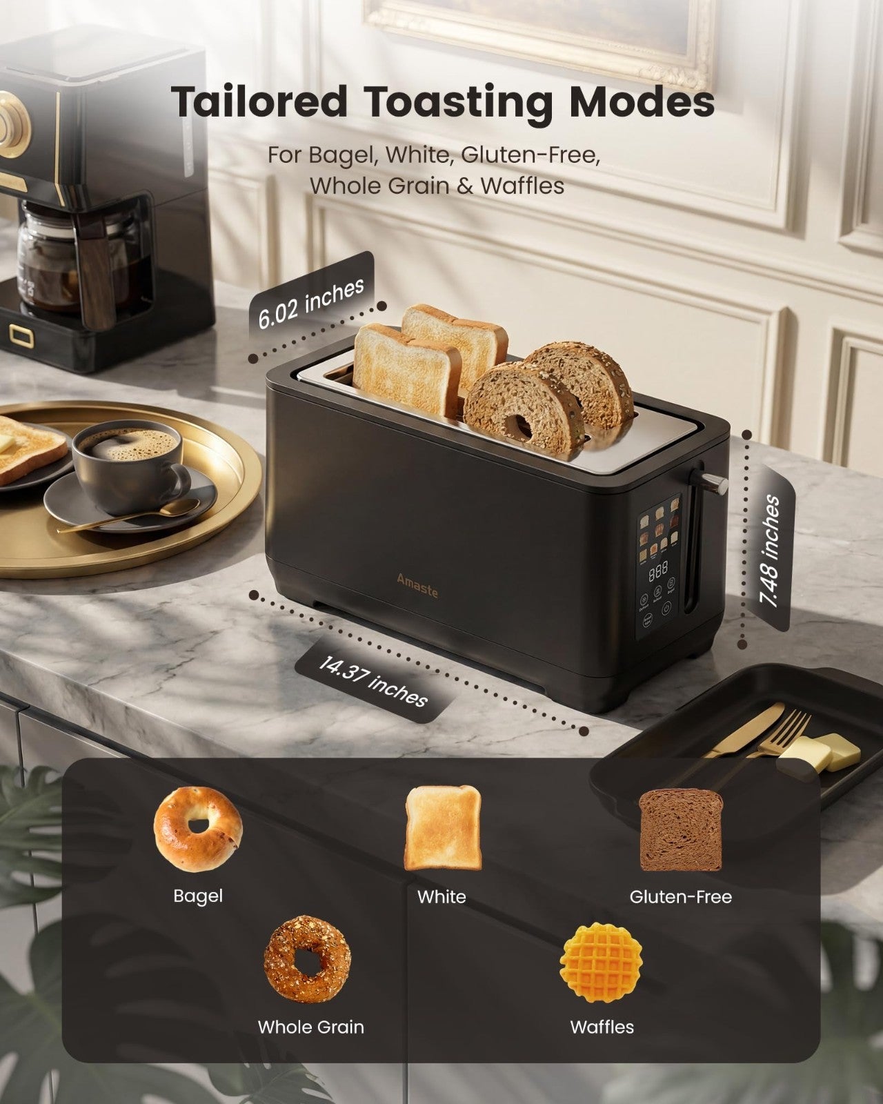 4 Slice Retro Toaster with Touch Screen, Extra Wide Slots, 6 Browning Levels, De5