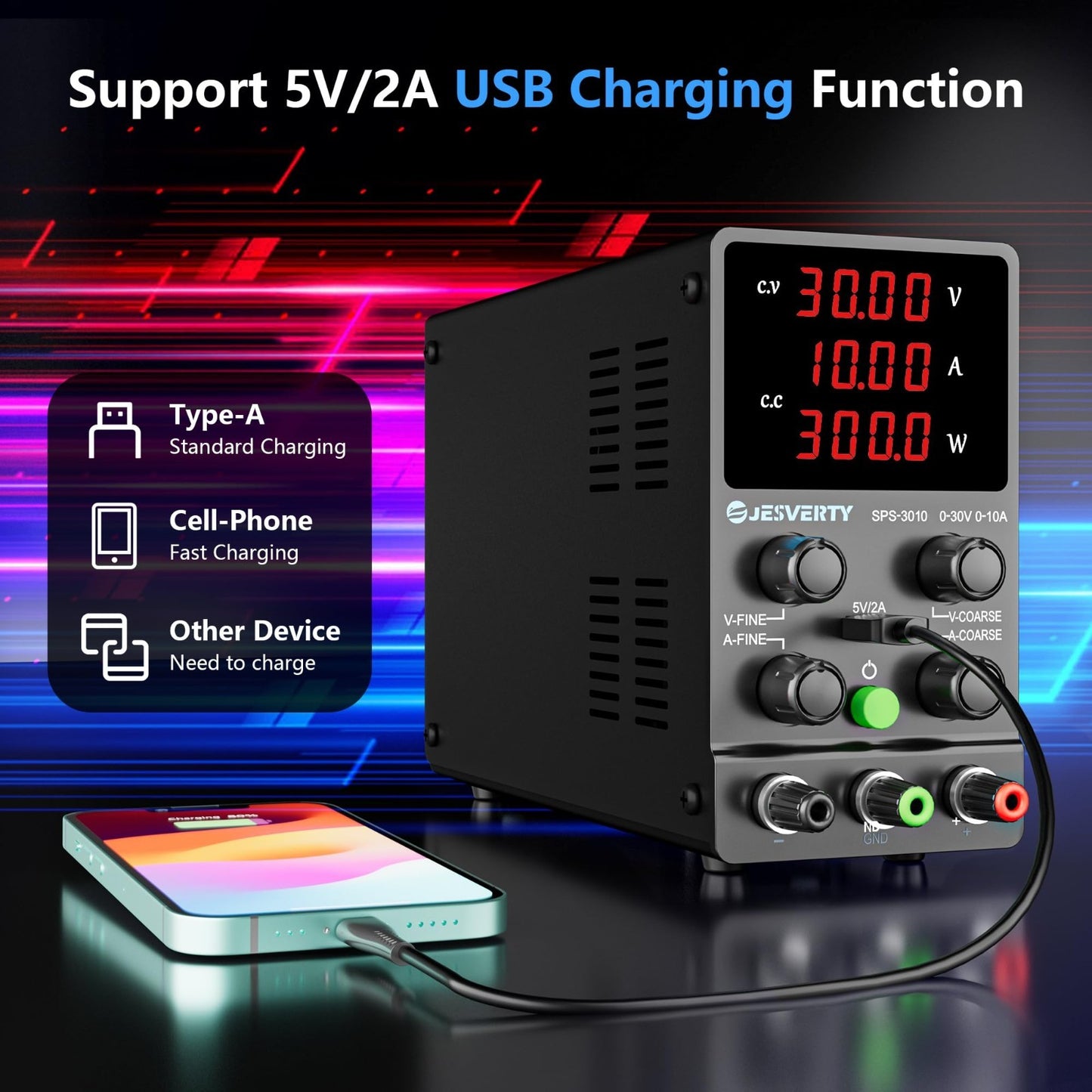Adjustable DC Power Supply 0 30V 10A, Precision LED Display, USB Port, Bench Sup3