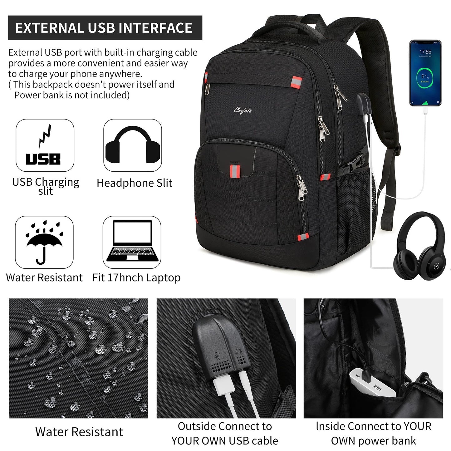 Large 17.3" Laptop Backpack with USB Charging Port, Water Resistant Rucksack for3