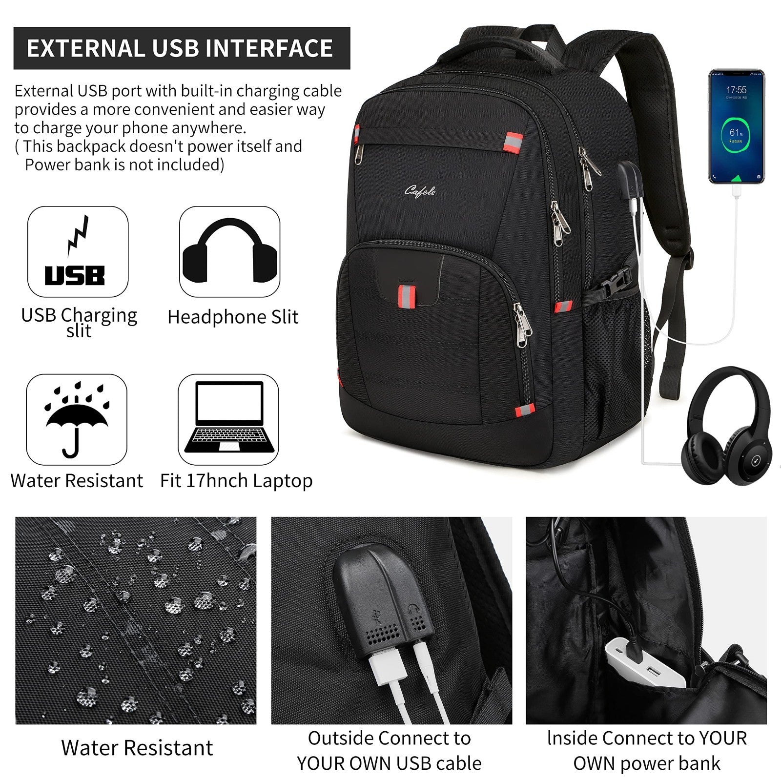 Large 17.3" Laptop Backpack with USB Charging Port, Water Resistant Rucksack for3