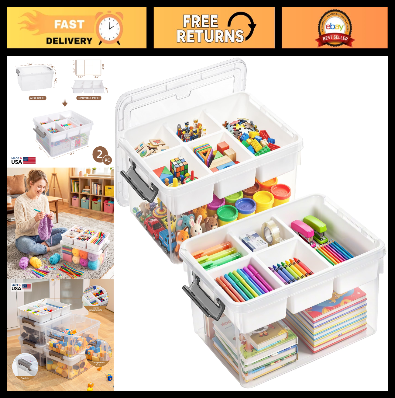 Clear Craft Organizers 17QT Storage Box Set with Tray   2 Pack, Ideal for Crafts0