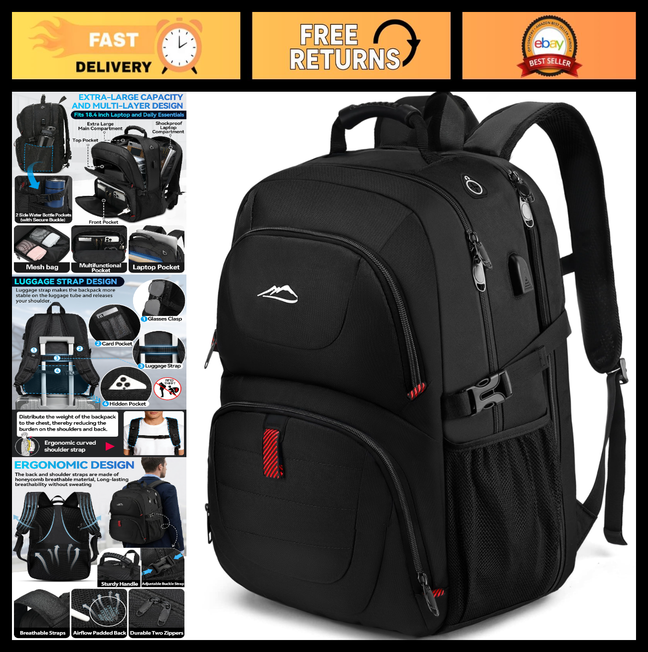 Extra Large Anti Theft Travel Laptop Backpack, TSA Approved, USB Charging, Fits0