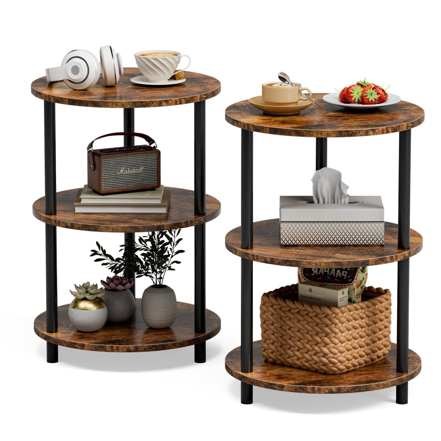 Set of 2 Small Round End Tables - 3 Tier Accent Nightstands for Bedroom, Living1