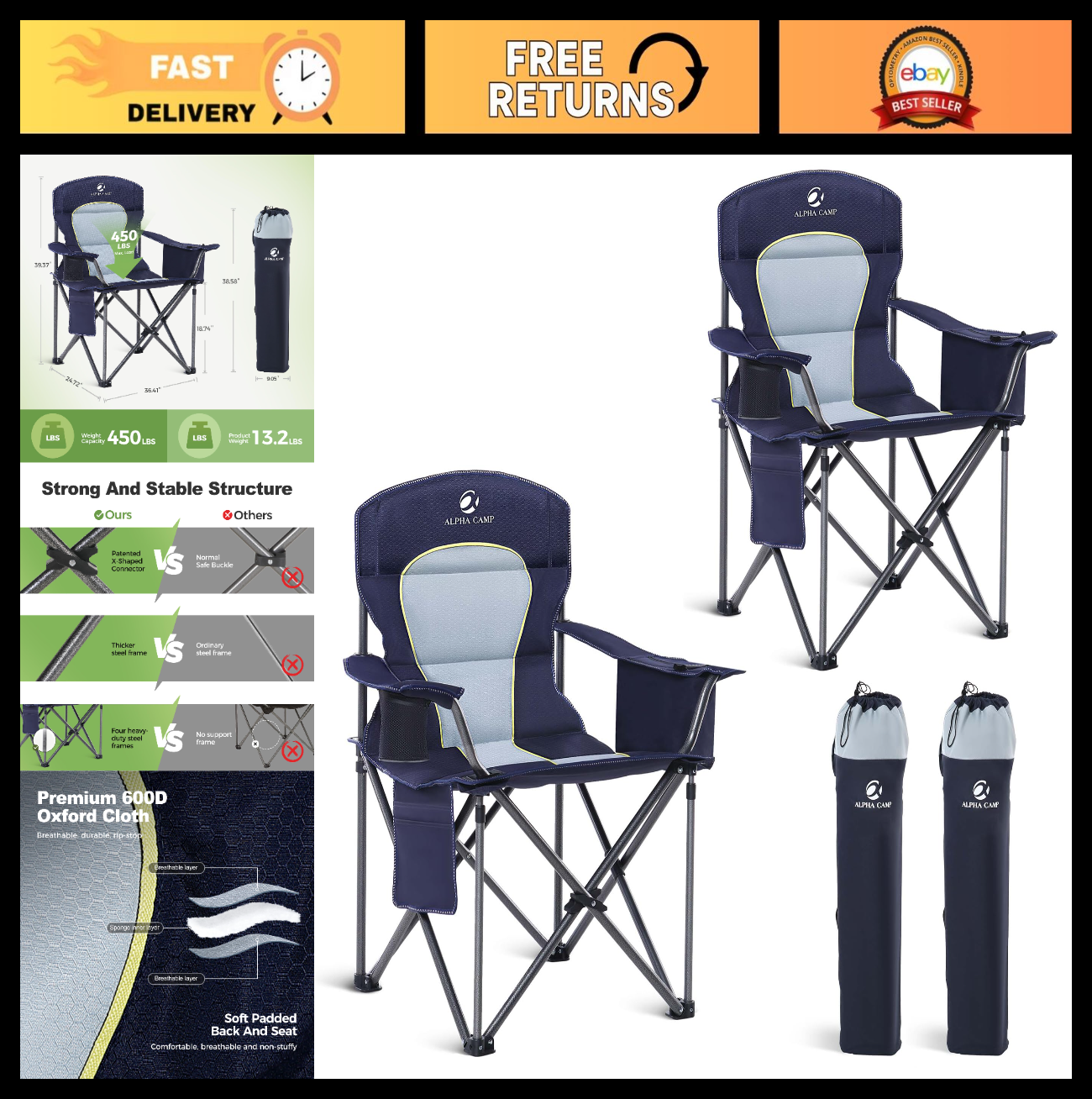 Oversized Portable Camping Chair - Heavy Duty Padded, 450LBS Support, 2 Pack, Bl0