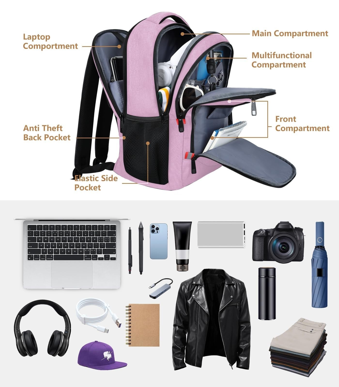 Pink Backpack for Women, USB Charging School Bag for Girls, Fits 15.6" Laptop3