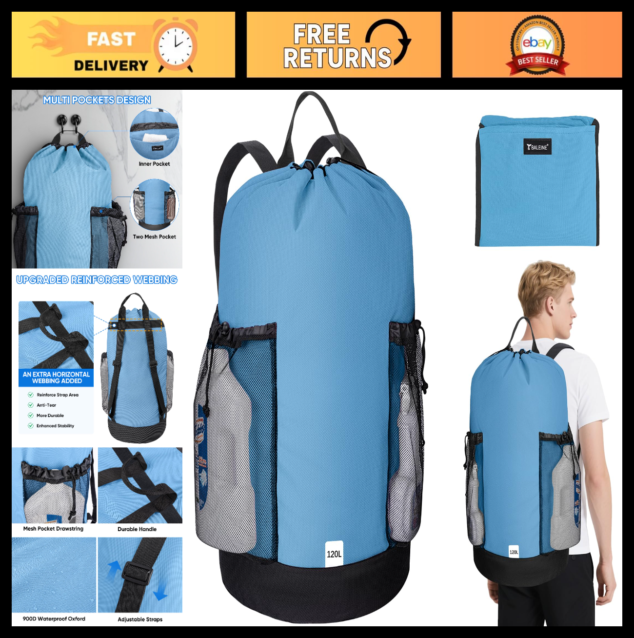 Large 120L Laundry Bag Backpack - Durable 900D Oxford Fabric, Mesh Pockets, Trav0
