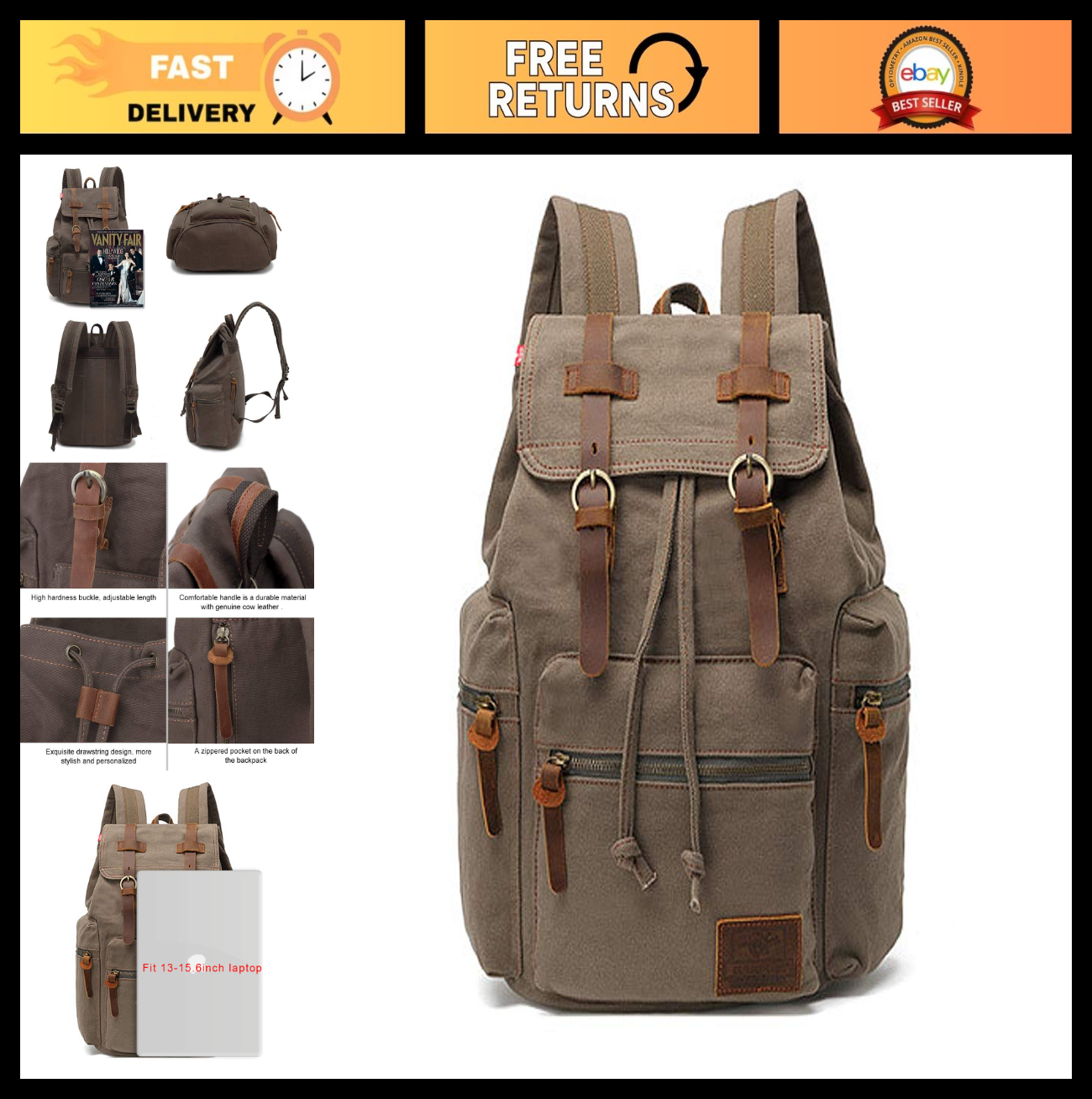 High Capacity Vintage Canvas Backpack for School Travel, 12 15" Laptop Rucksack0