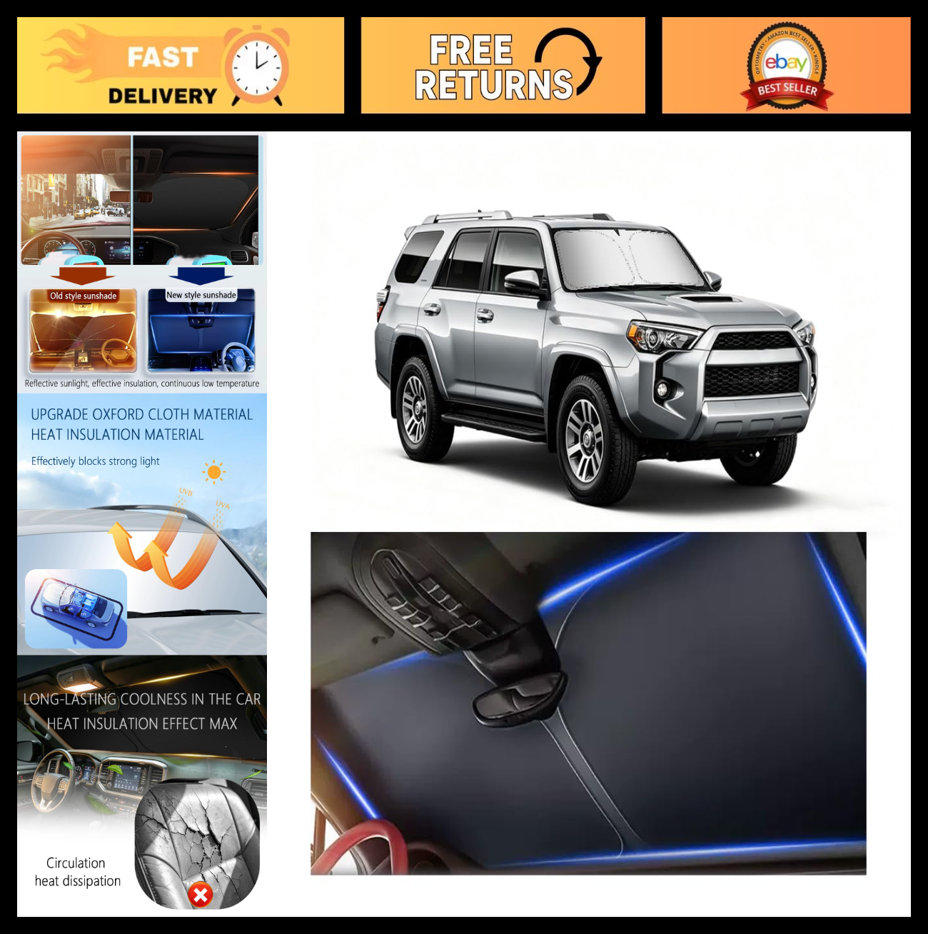 Car Windshield Sun Shade for 2010-2025 Toyota 4Runner, Foldable Oxford Cloth Cov0