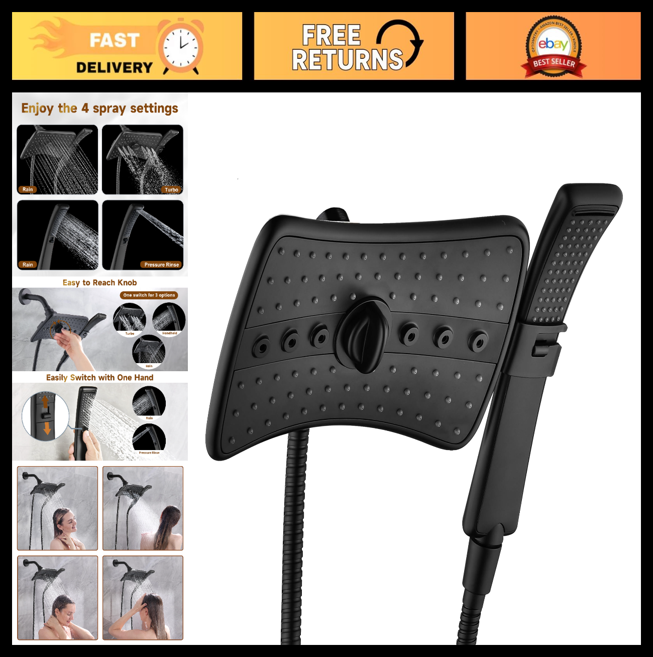 High Pressure Dual Shower Head Combo   Rainfall & Handheld, 4 Spray Settings, To0
