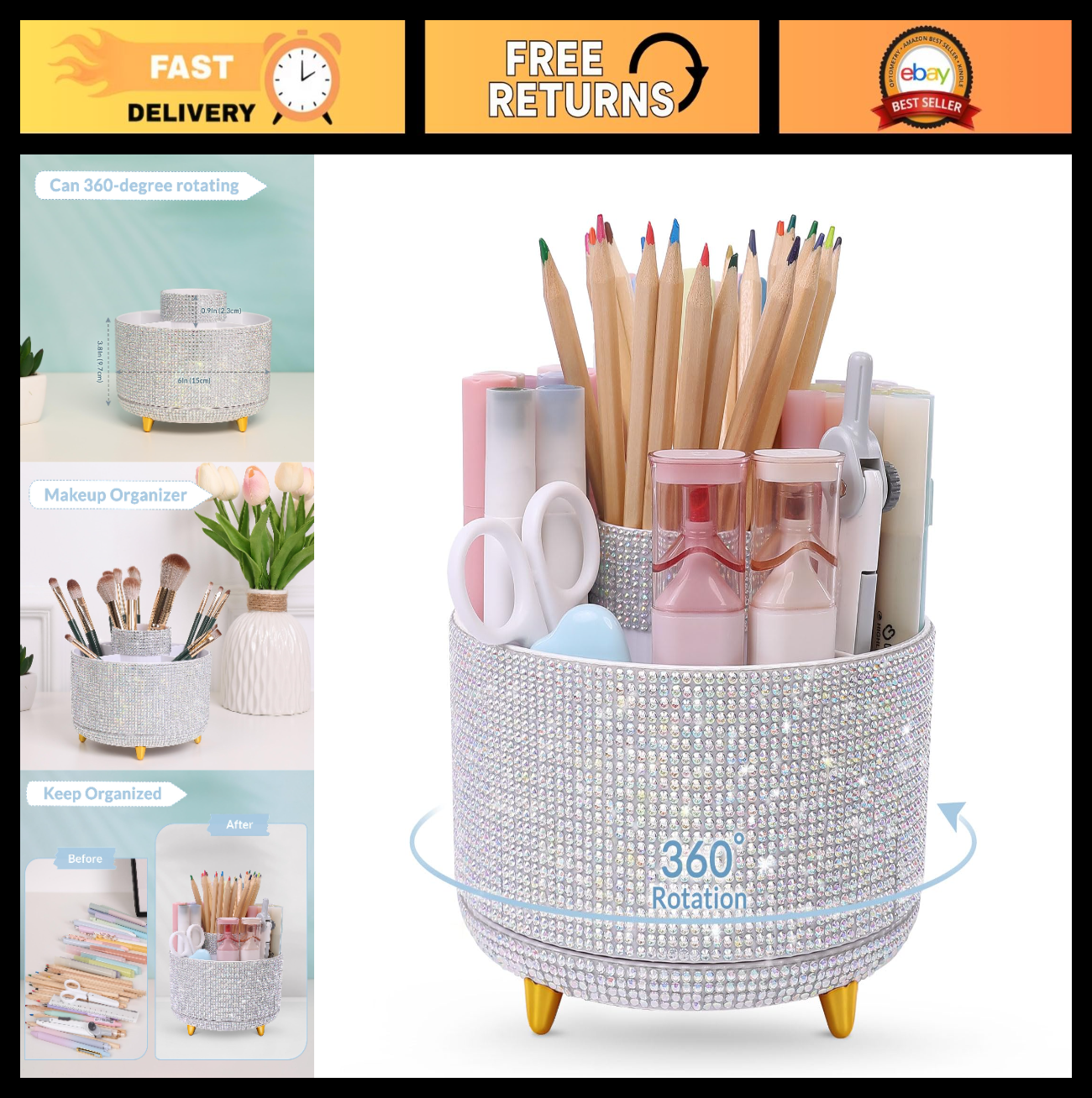 360° Rotating Desk Organizer   Rhinestone Pencil Pen Holder with 5 Slots for Off0