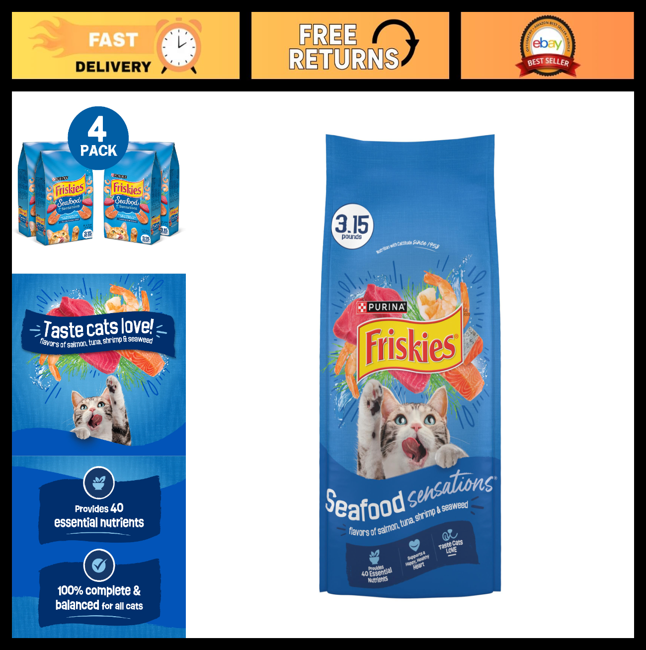 Seafood Sensations Dry Cat Food   Salmon, Tuna & Shrimp Flavors   4 Pack (3.15 l0