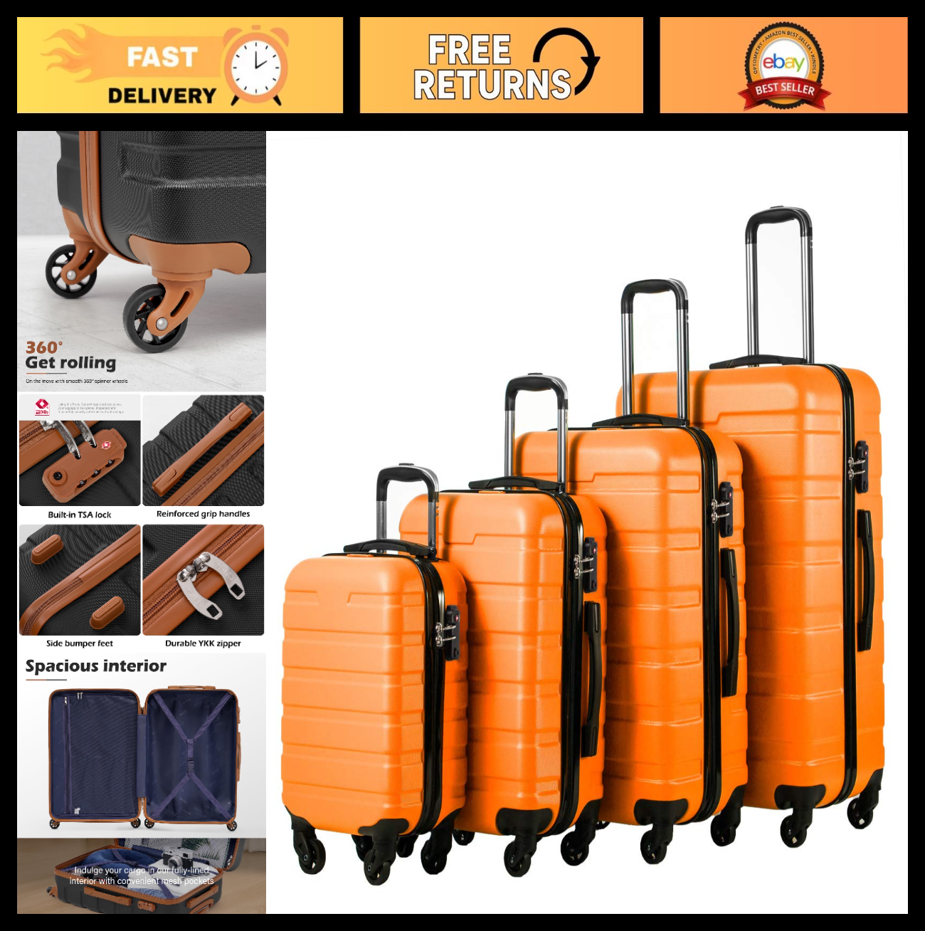 Lightweight Durable Hardshell Luggage Set, 4-Piece Orange Suitcase with 360° Spi0