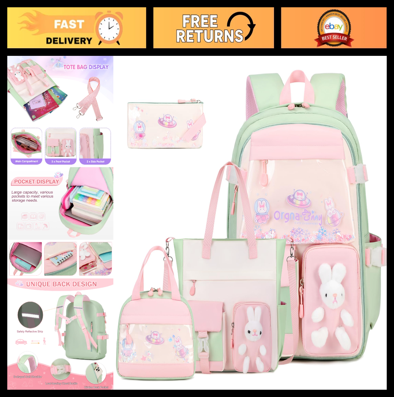 Kawaii Bunny Girls Backpack Set 4PCS   Tote, Lunch Box, Pencil Case   School Bag0