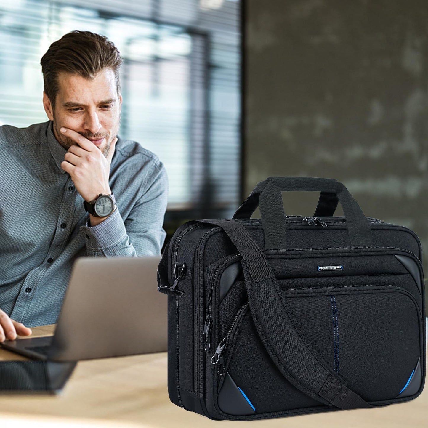 Expandable 17.3" Laptop Bag - Water Repellent Briefcase, Durable Messenger Case2