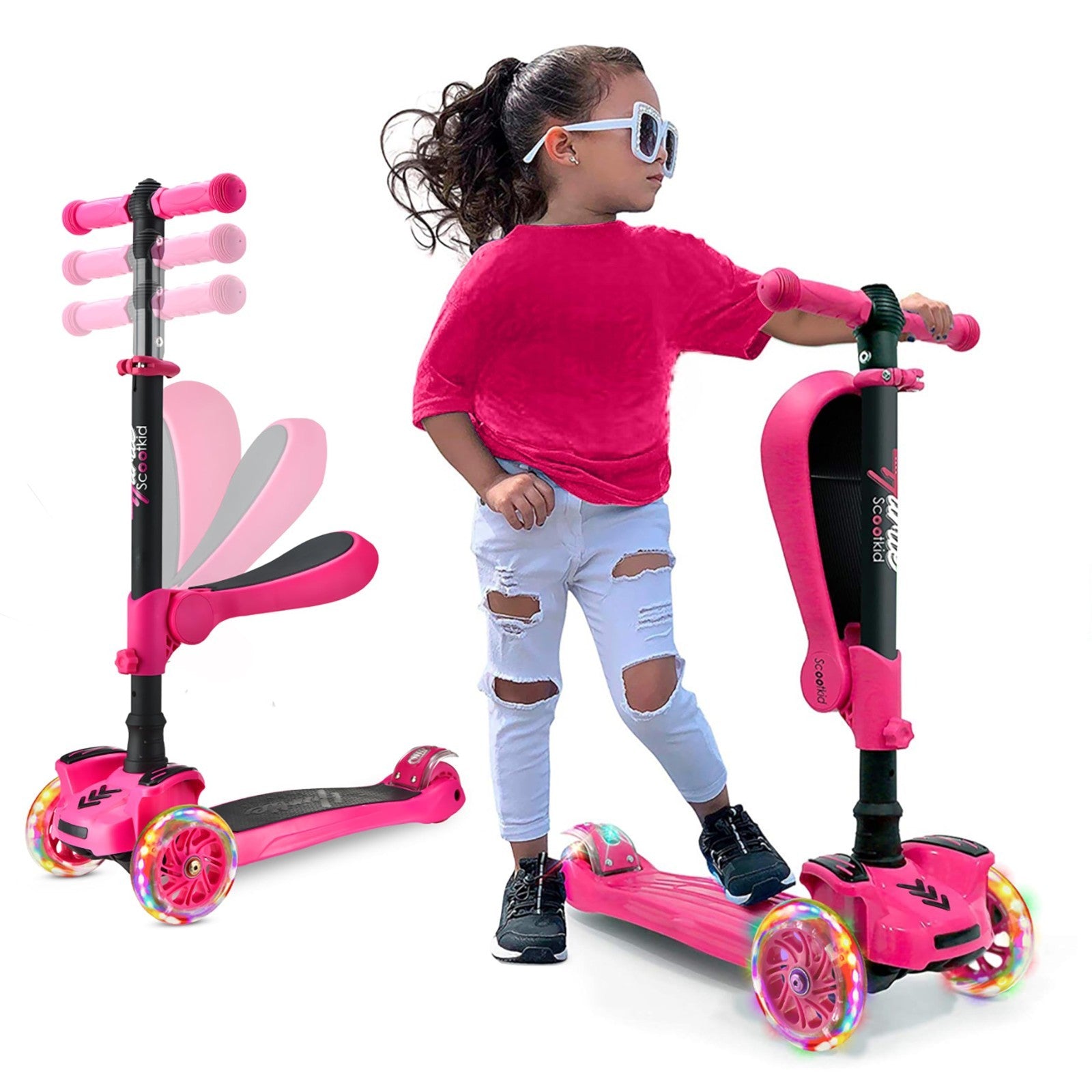 3-Wheeled Kids Scooter with LED Lights, Adjustable Handlebar, Foldable Seat - Si1