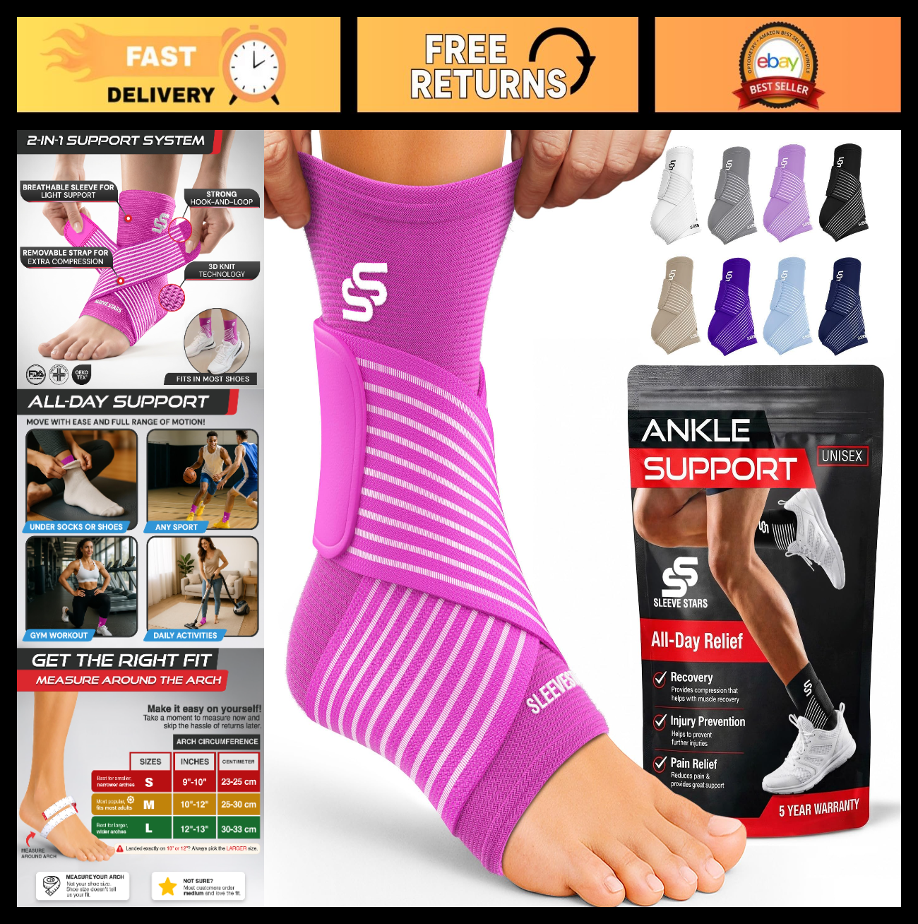 Ankle Brace Compression Sleeve for Sprains & Plantar Fasciitis Relief, Adjustabl0
