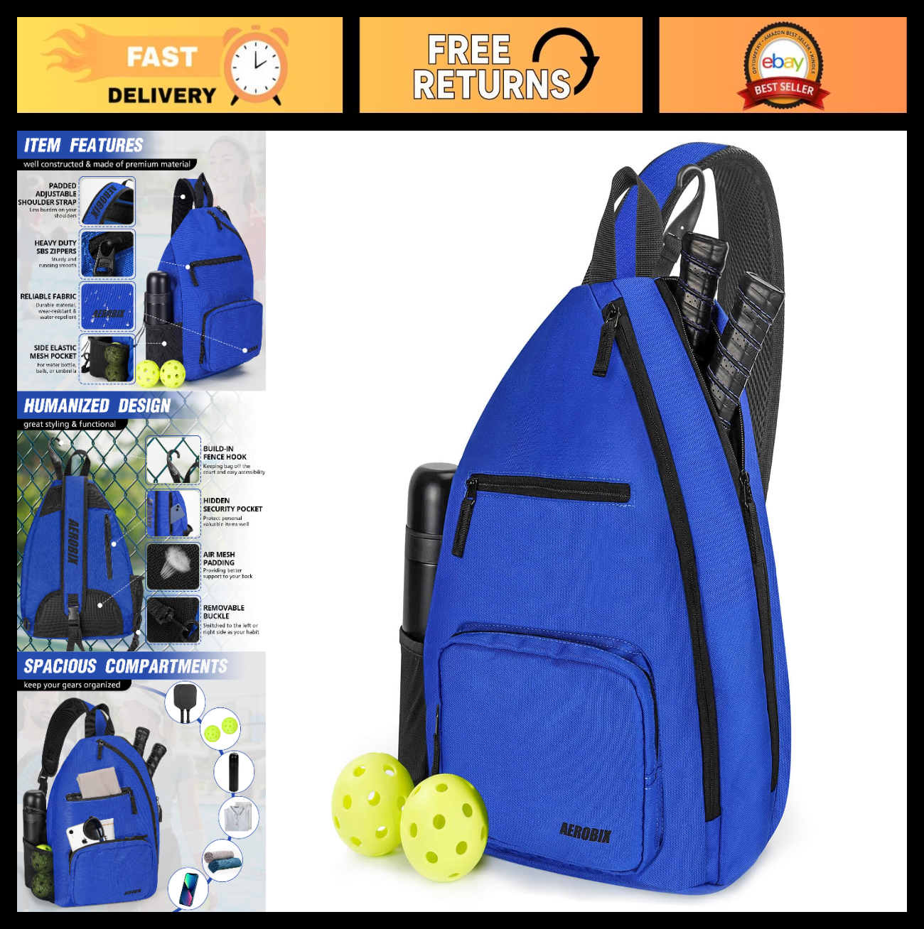 Large Capacity Pickleball Backpack - Padded Paddle Pocket, Adjustable Sling Bag0