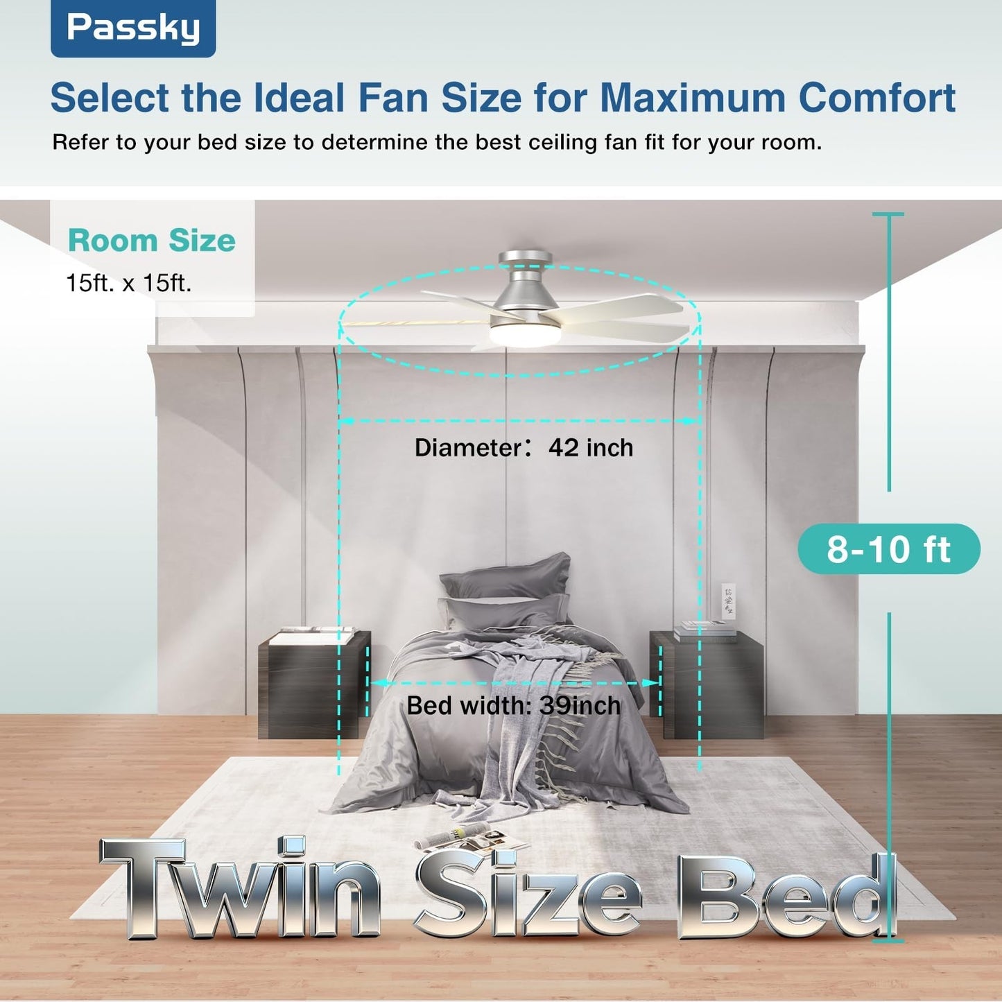 42" Silver Low Profile Ceiling Fan with Lights & Remote | Dimmable, Quiet DC Mot7