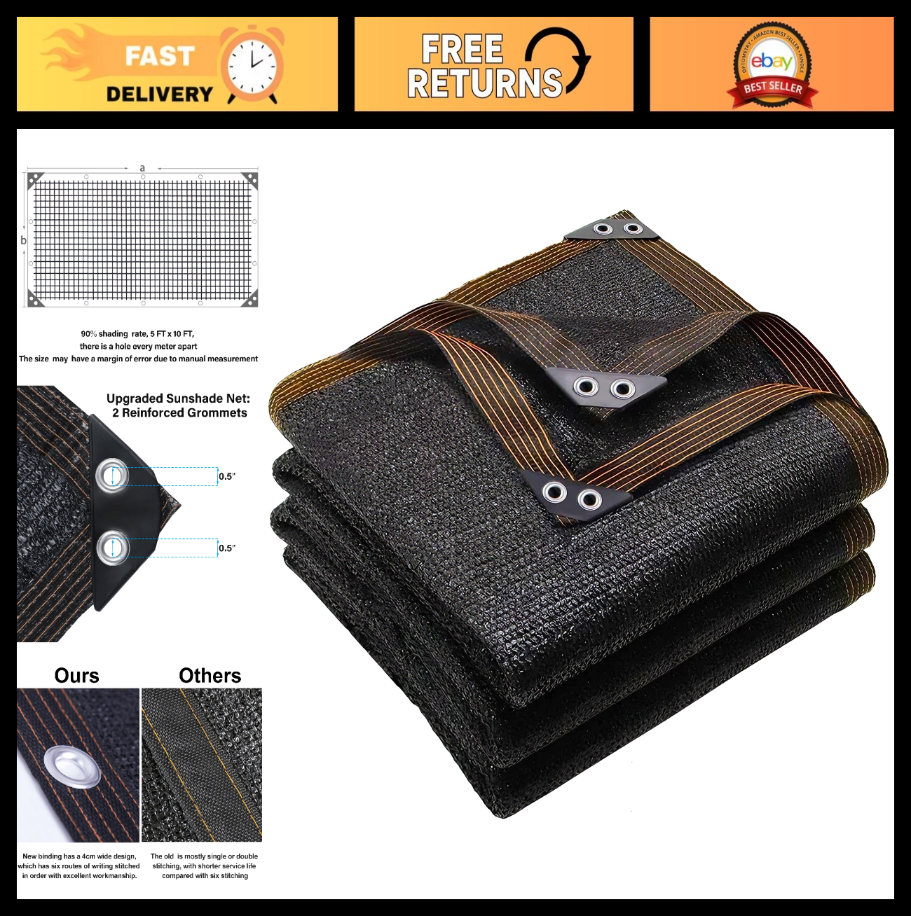 90% Black Shade Cloth 5x10 FT - Garden Mesh Tarp for Greenhouse, Patio, Plants &0