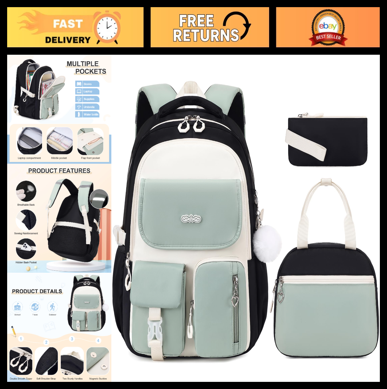 Girls' School Backpack Set 3PCS   Includes Lunch Box & Pencil Pouch, Stylish & D0