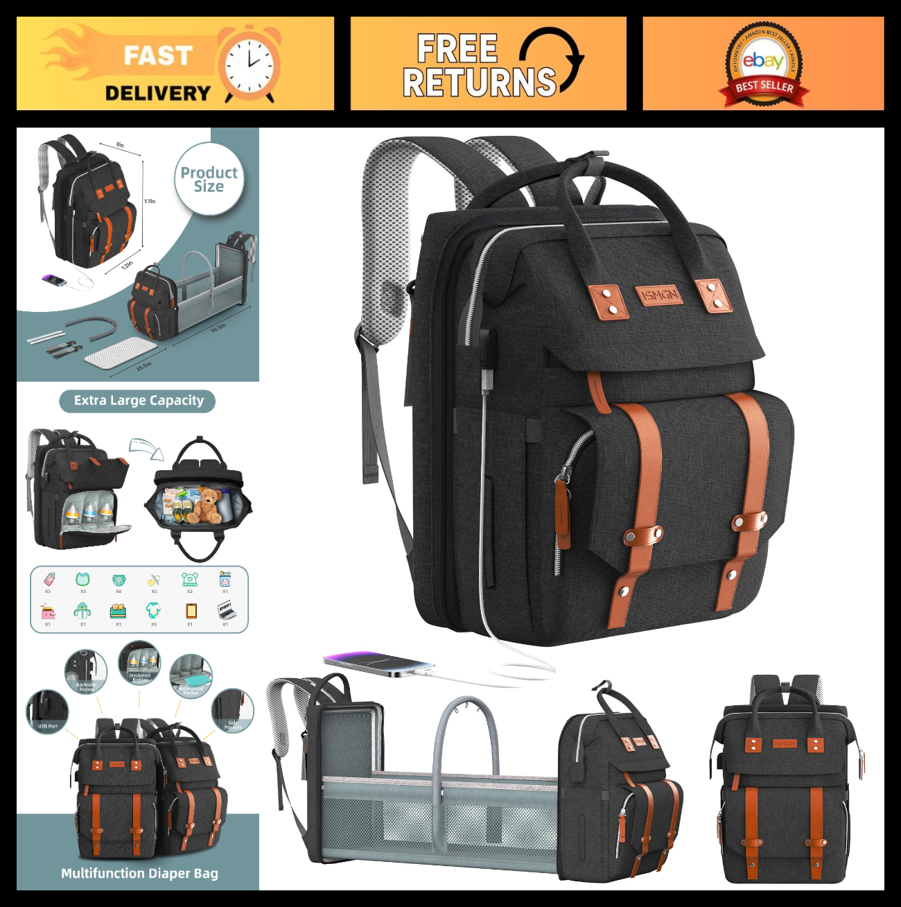 Diaper Bag Backpack with Changing Station, Stylish Baby Bag for Boys   Black0