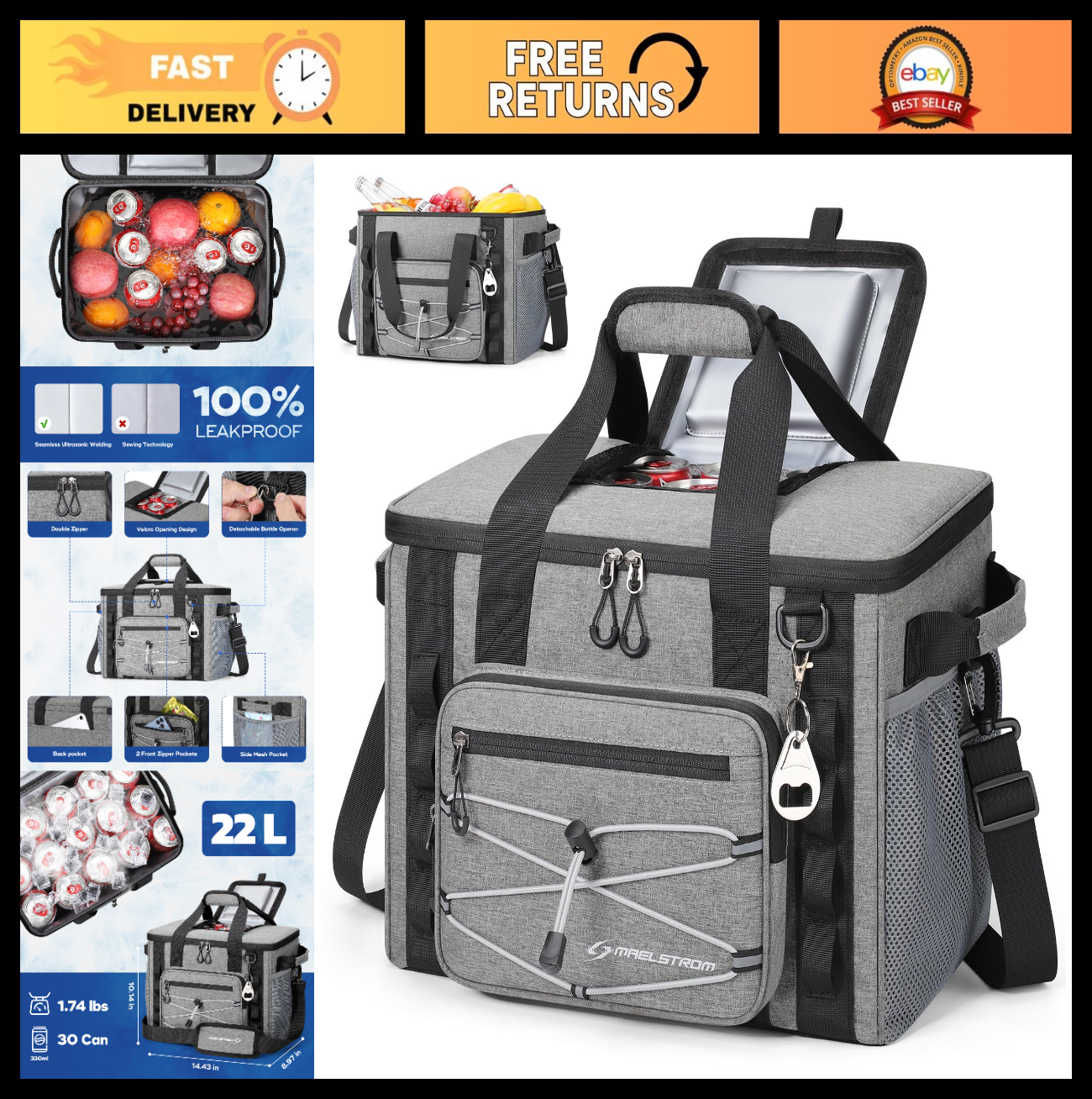 30/40 Can Soft Cooler Bag - Leakproof Insulated Ice Chest, 24h Cold, Lightweight0