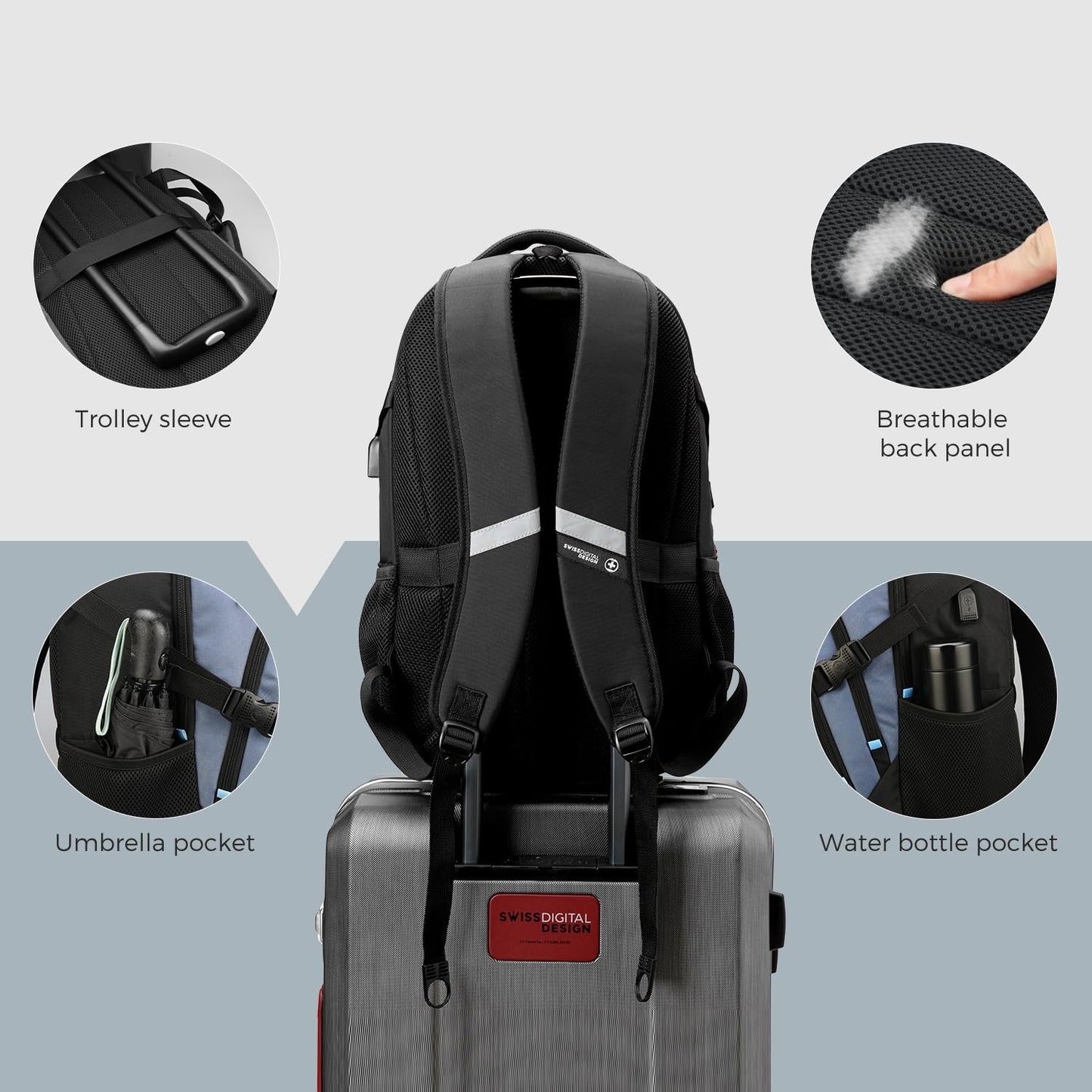 Stylish Travel Laptop Backpack with USB Charging, Fits 15.6" Computer, 31L, Haze3