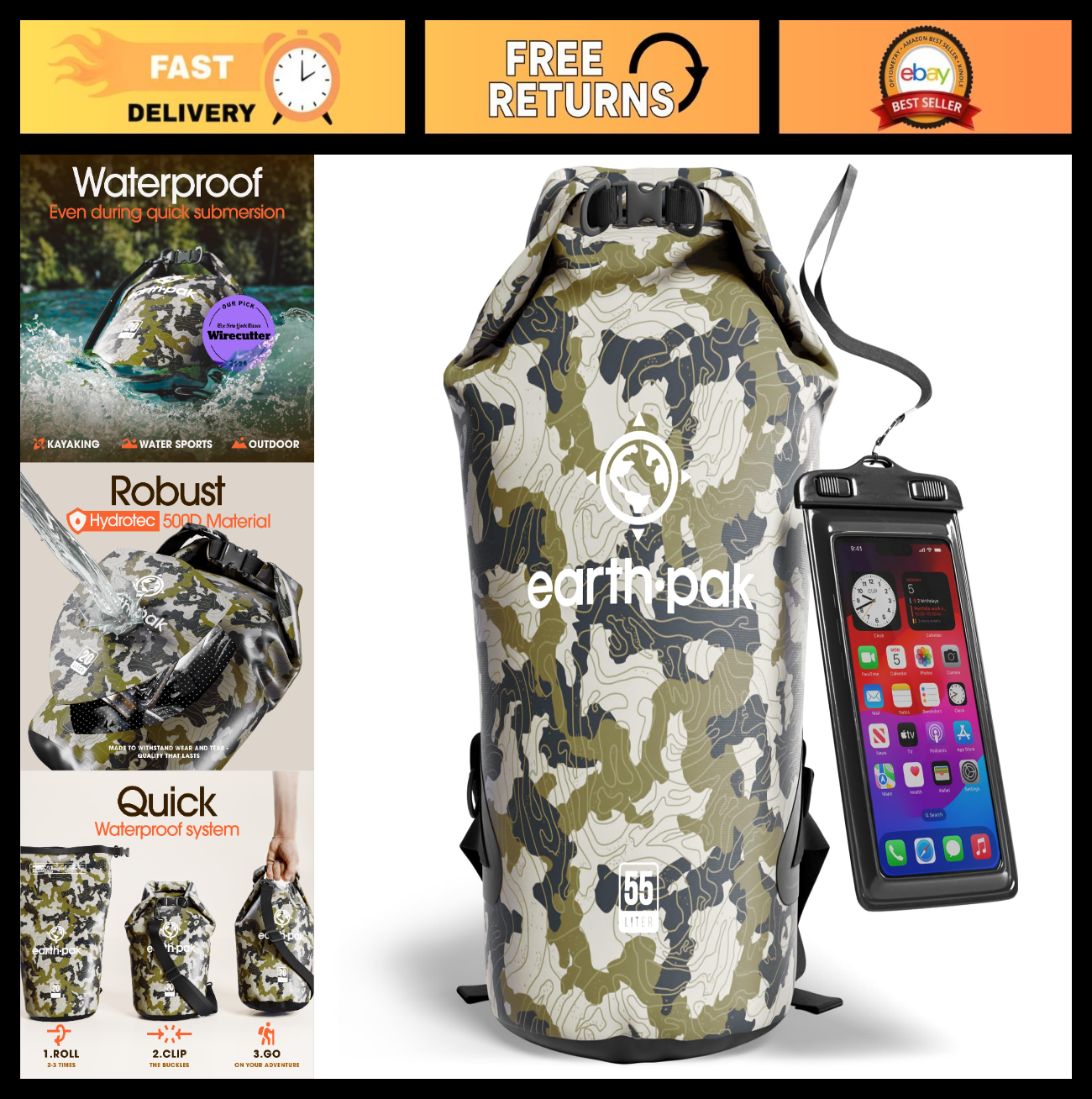 Waterproof Dry Bag Backpack   Roll Top Sack for Kayaking & Outdoor Gear, Phone C0