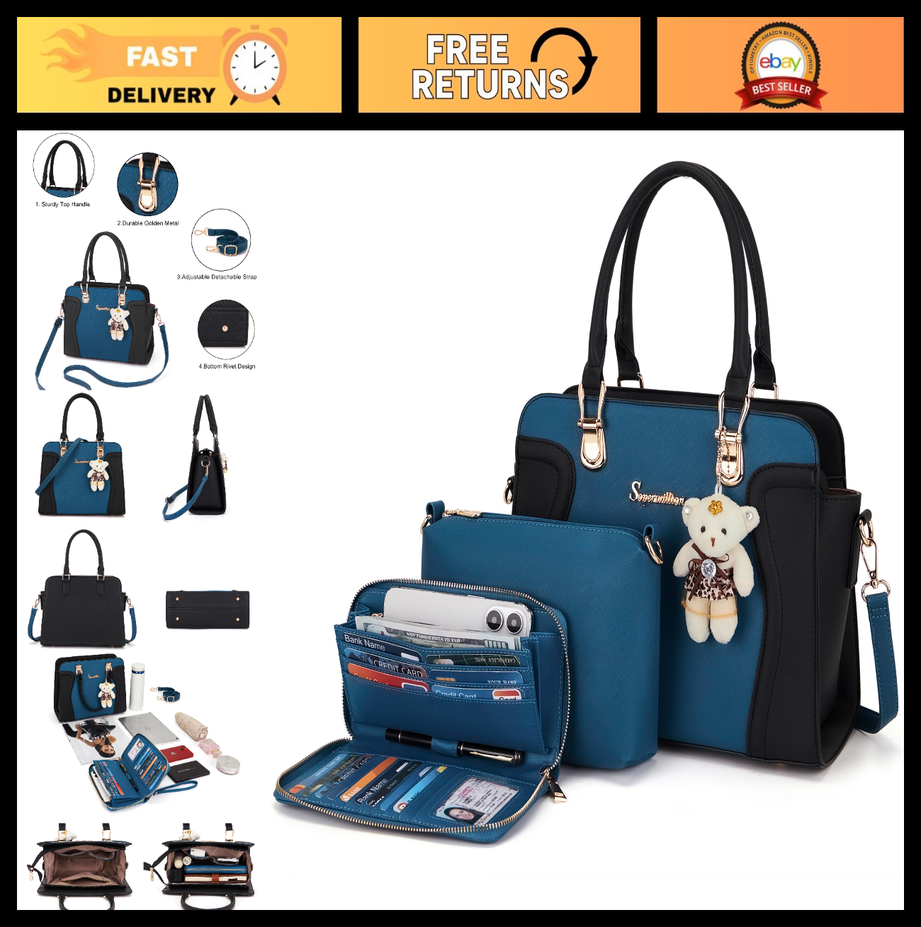 Stylish 3pcs Women's Shoulder Handbags Set - Satchel, Purse & Wallet Combo0